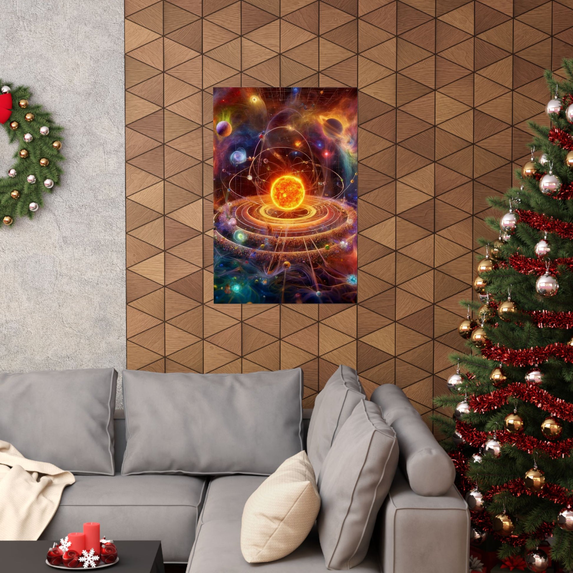 The Solar System Poster displayed above a couch, adding a cosmic and educational touch to modern living room decor.