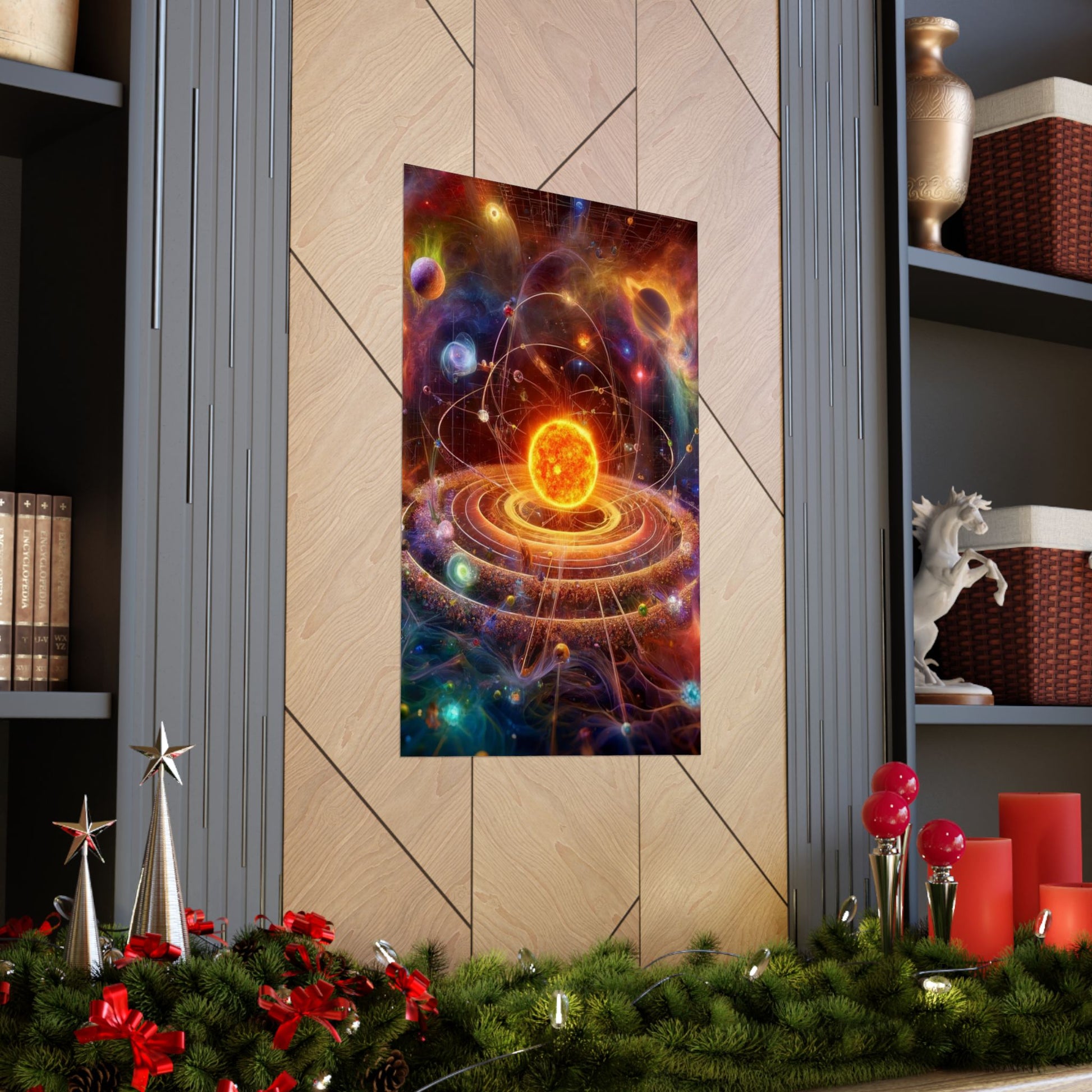 The Solar System Poster perfectly placed between two shelves, creating a sleek and scientific home decor setup.