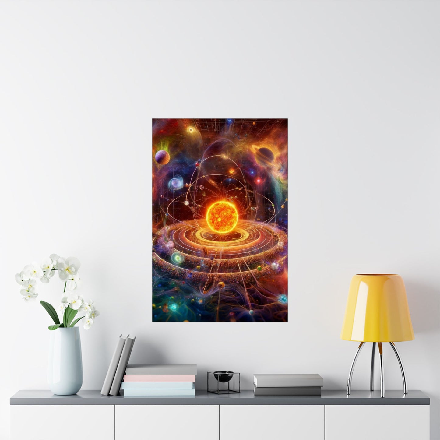 The Solar System Poster above a desk, inspiring curiosity and knowledge in a space-themed home office setup.