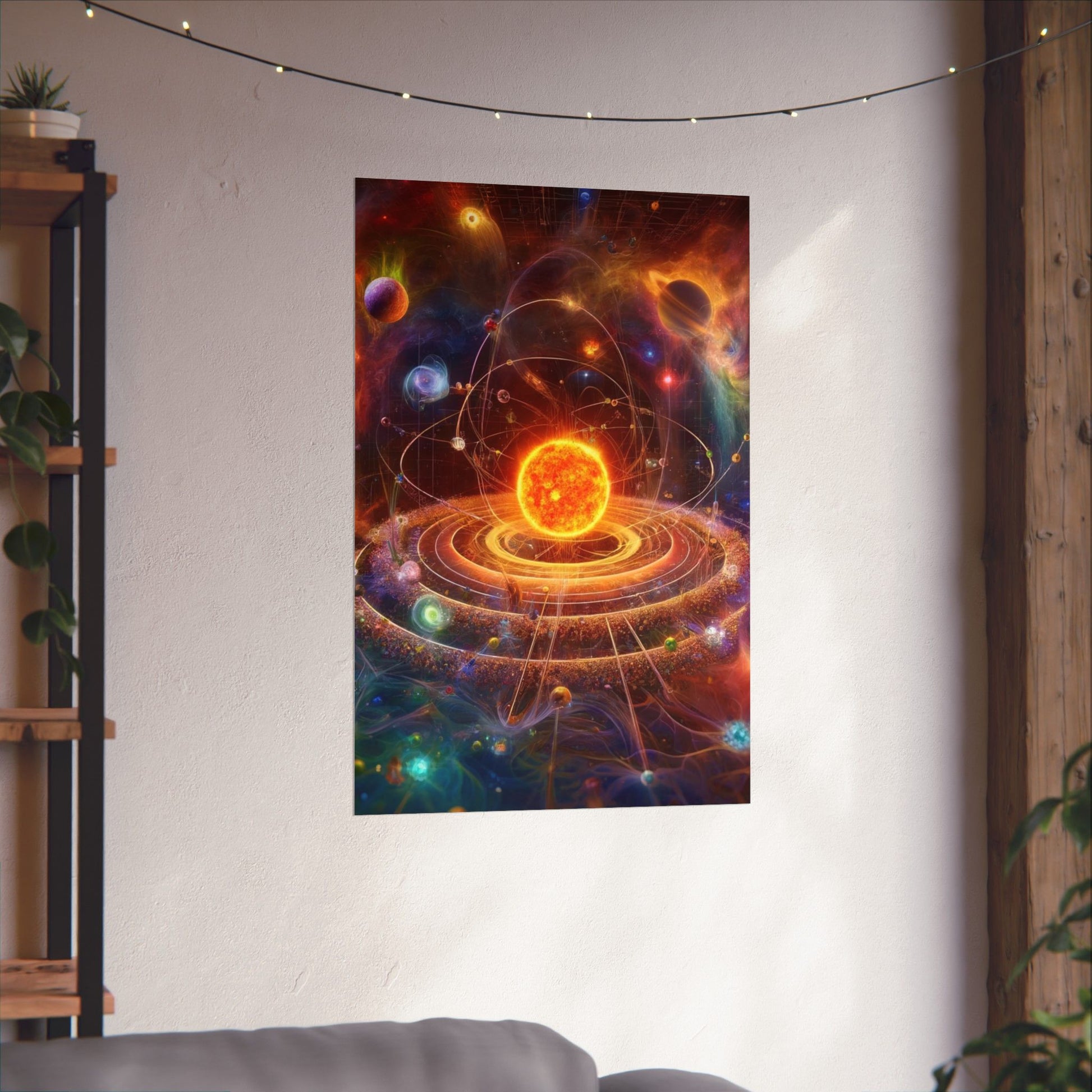 The Solar System Poster hung on a neutral wall, showcasing planets and celestial bodies in a captivating astronomy display.