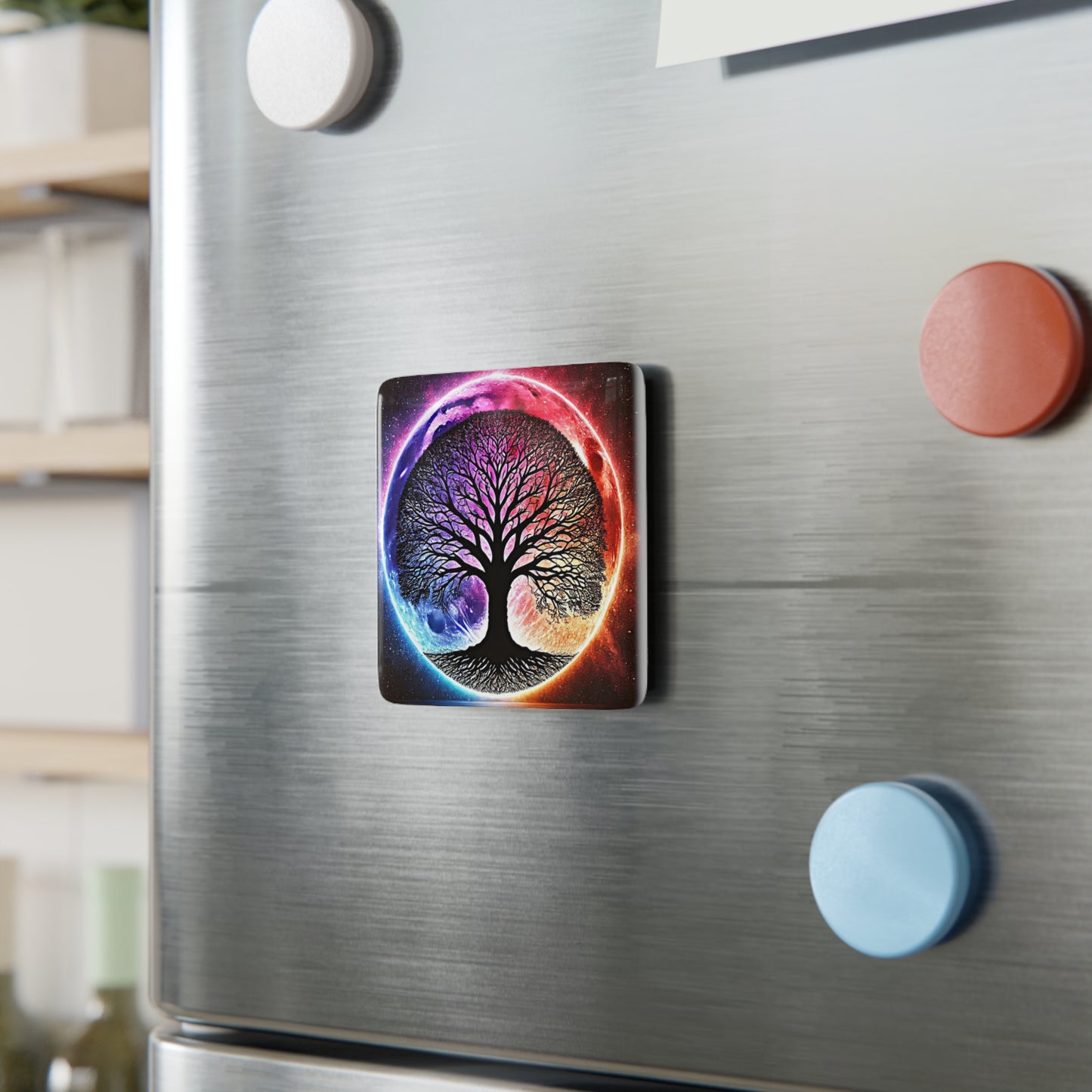 The Spiritual Sanctuary Magnet displayed on a metallic surface, adding a touch of spiritual inspiration to any space.