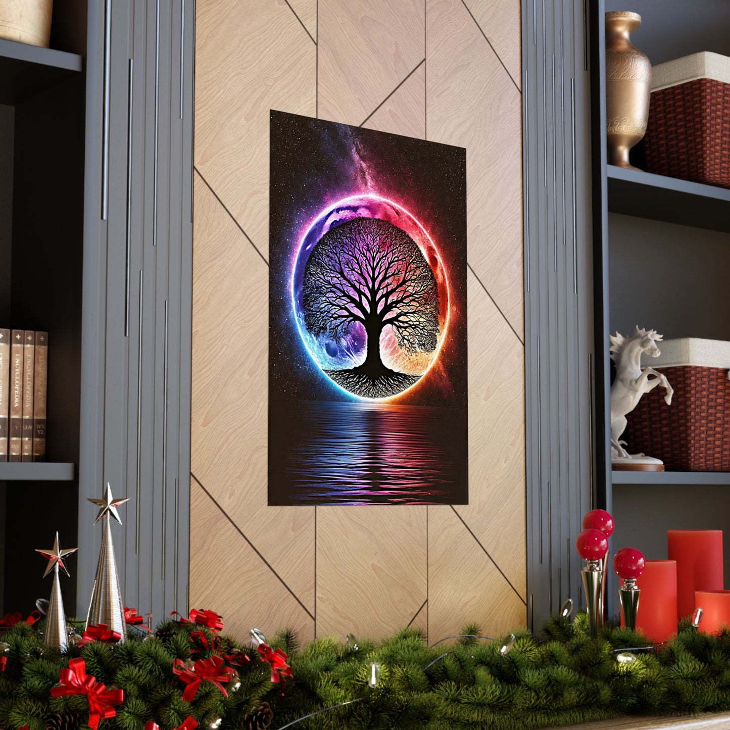 The Spiritual Sanctuary Poster placed between two shelves, enhancing the space with its calming energy and artistic beauty.