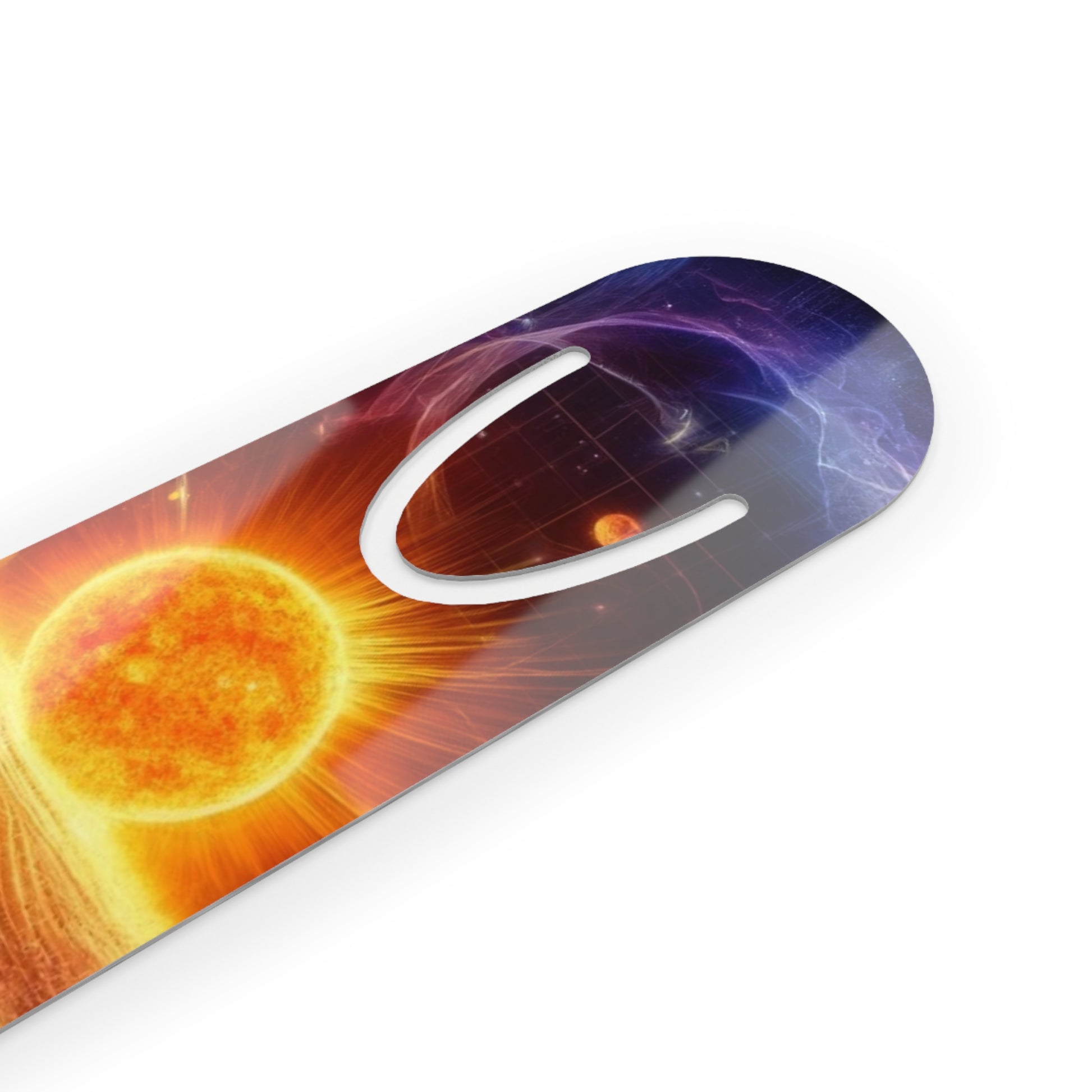 The Sun Rift Bookmark displayed at an angle, showcasing its elegant craftsmanship and detailed artwork.