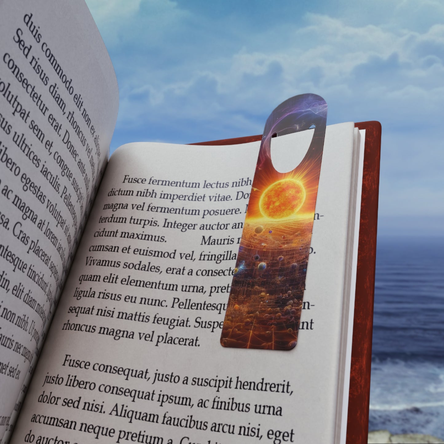 The Sun Rift Bookmark resting on a book page, marking a reader’s place with fantasy-inspired elegance.