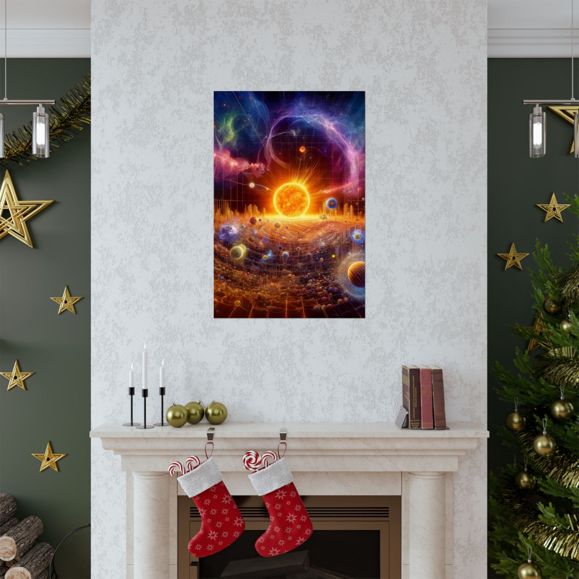 The Sun Rift Poster positioned above a fireplace, enhancing the room with celestial warmth and artistic vibrancy.