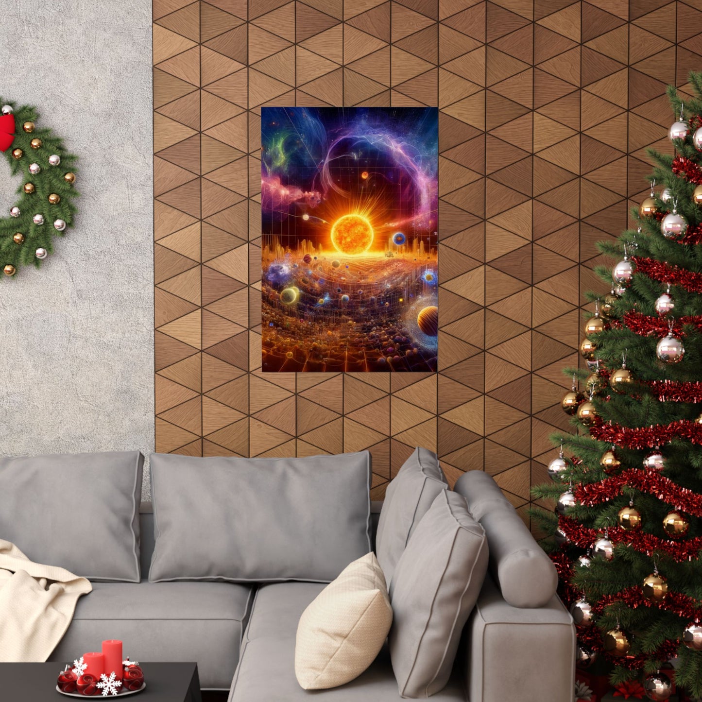 The Sun Rift Poster displayed above a couch, radiating warm energy and celestial beauty into a modern living room.