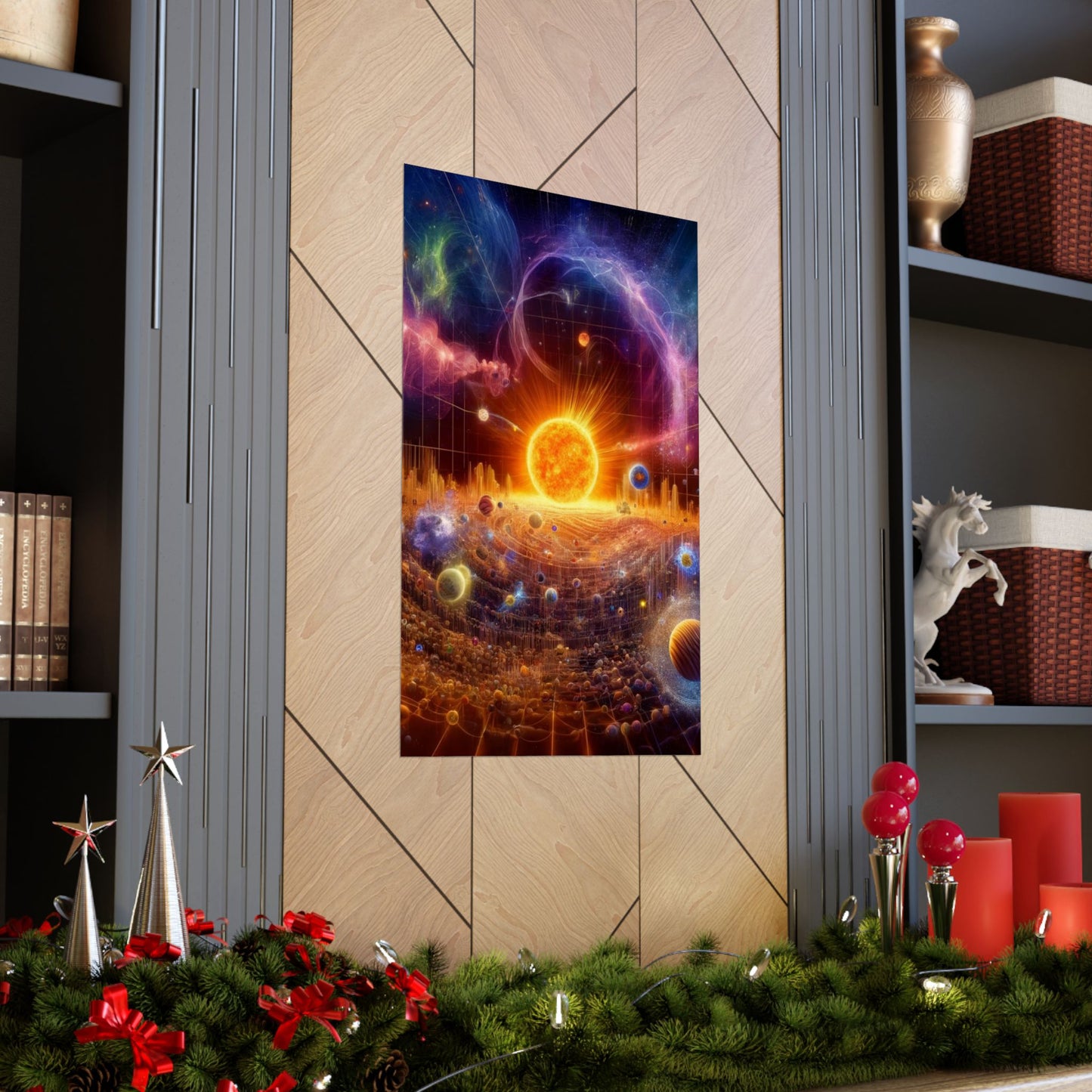 The Sun Rift Poster positioned between two shelves, blending cosmic-inspired art with contemporary home decor.