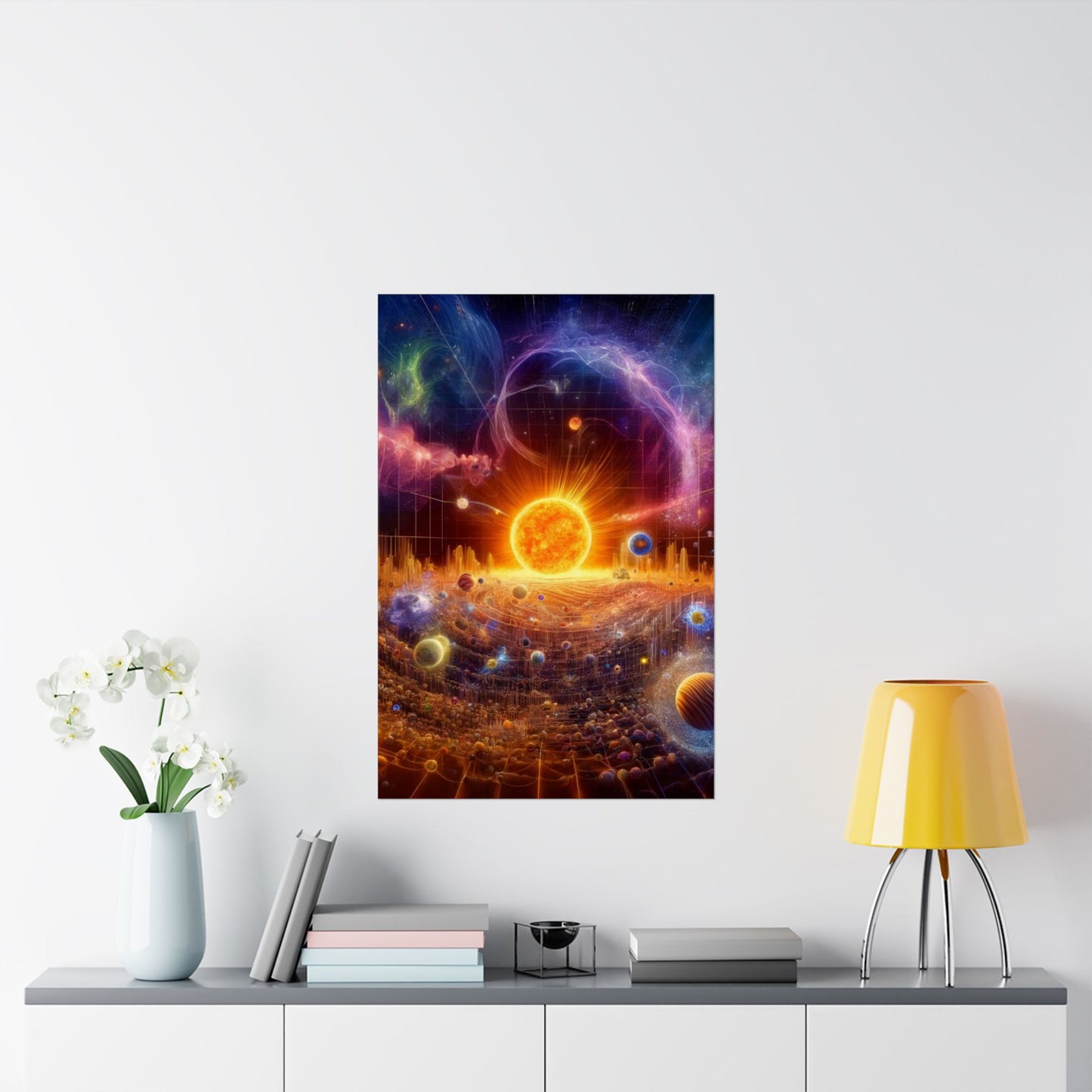 The Sun Rift Poster above a desk, adding an inspiring touch of cosmic beauty to a stylish home office or creative workspace.