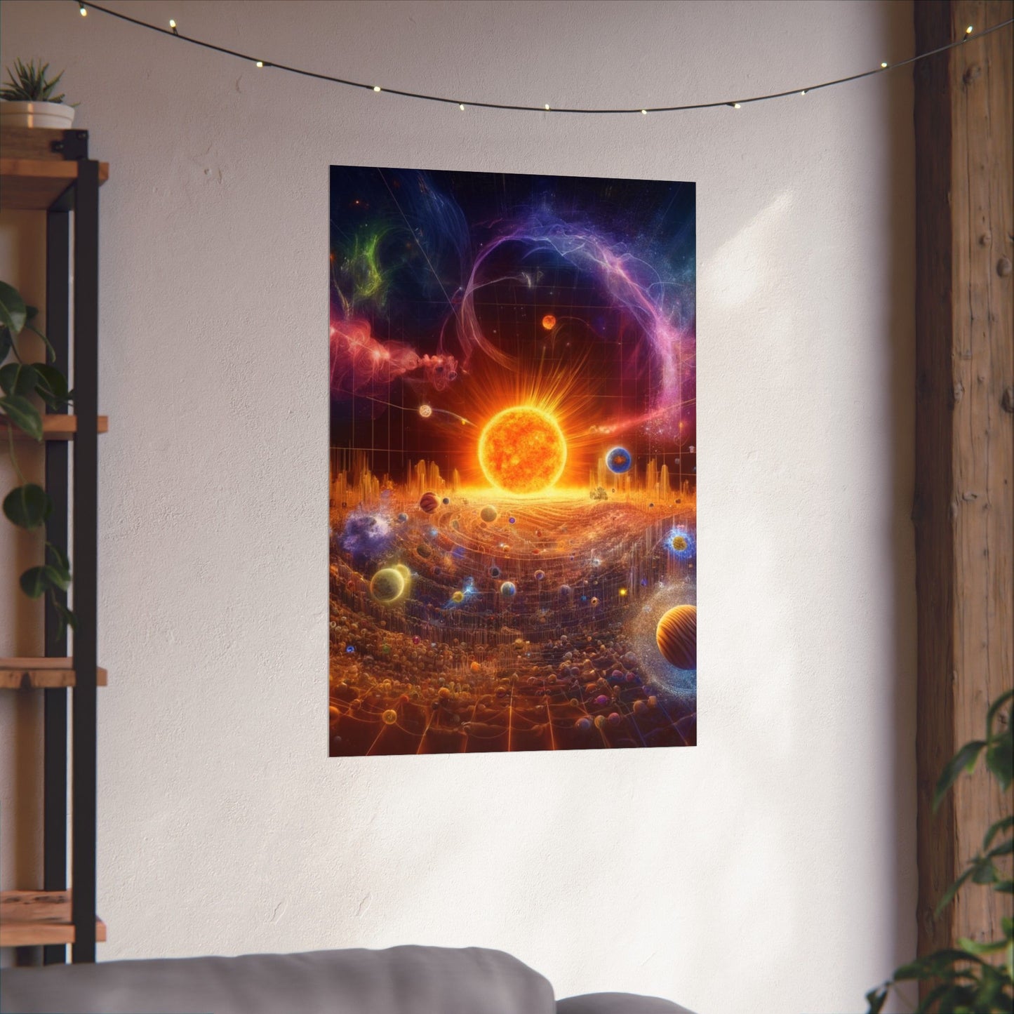 The Sun Rift Poster hung on a neutral wall, illuminating the space with its vibrant solar energy and dynamic design.