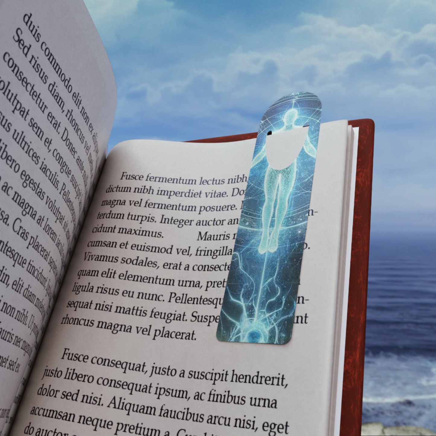 The Arrival Bookmark resting on an open book page, the perfect companion for reading and collecting.