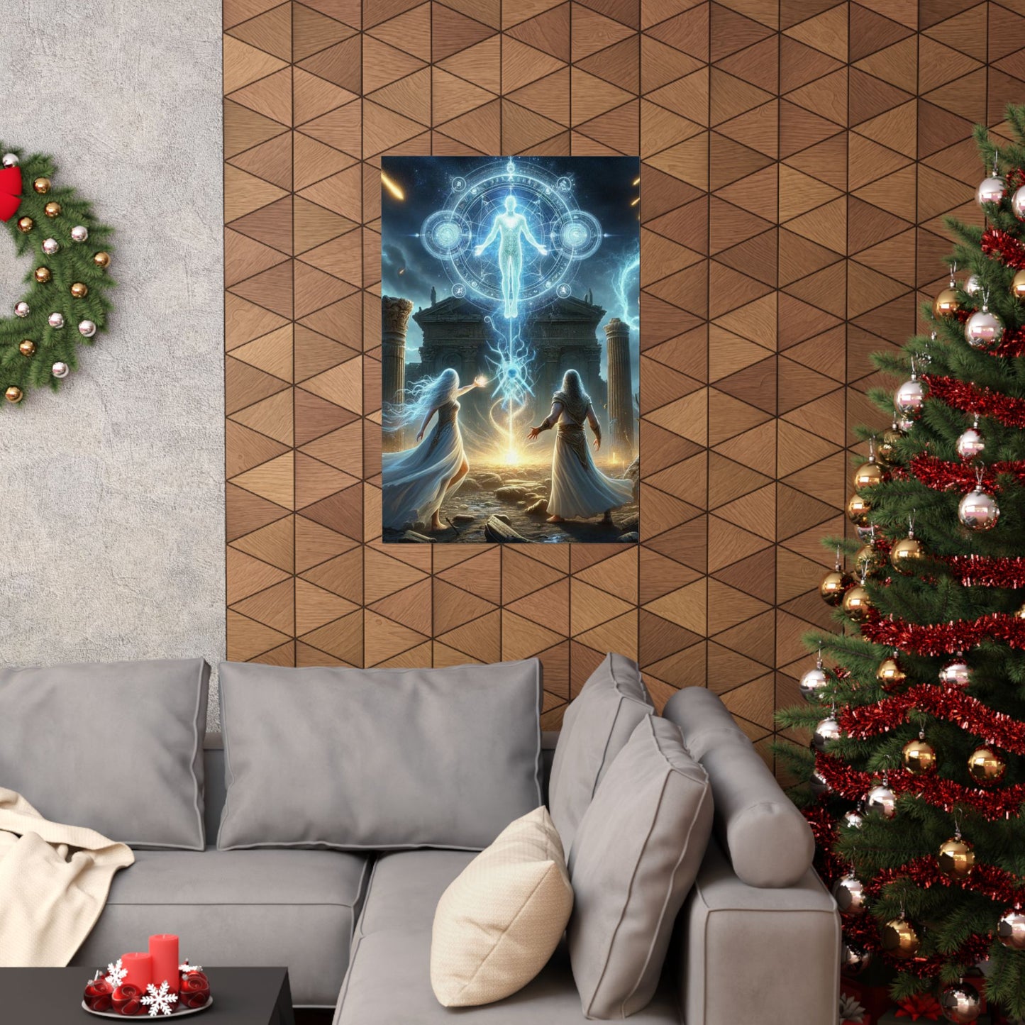 The Arrival Poster displayed above a couch, adding a mystical and artistic touch to modern living room decor.