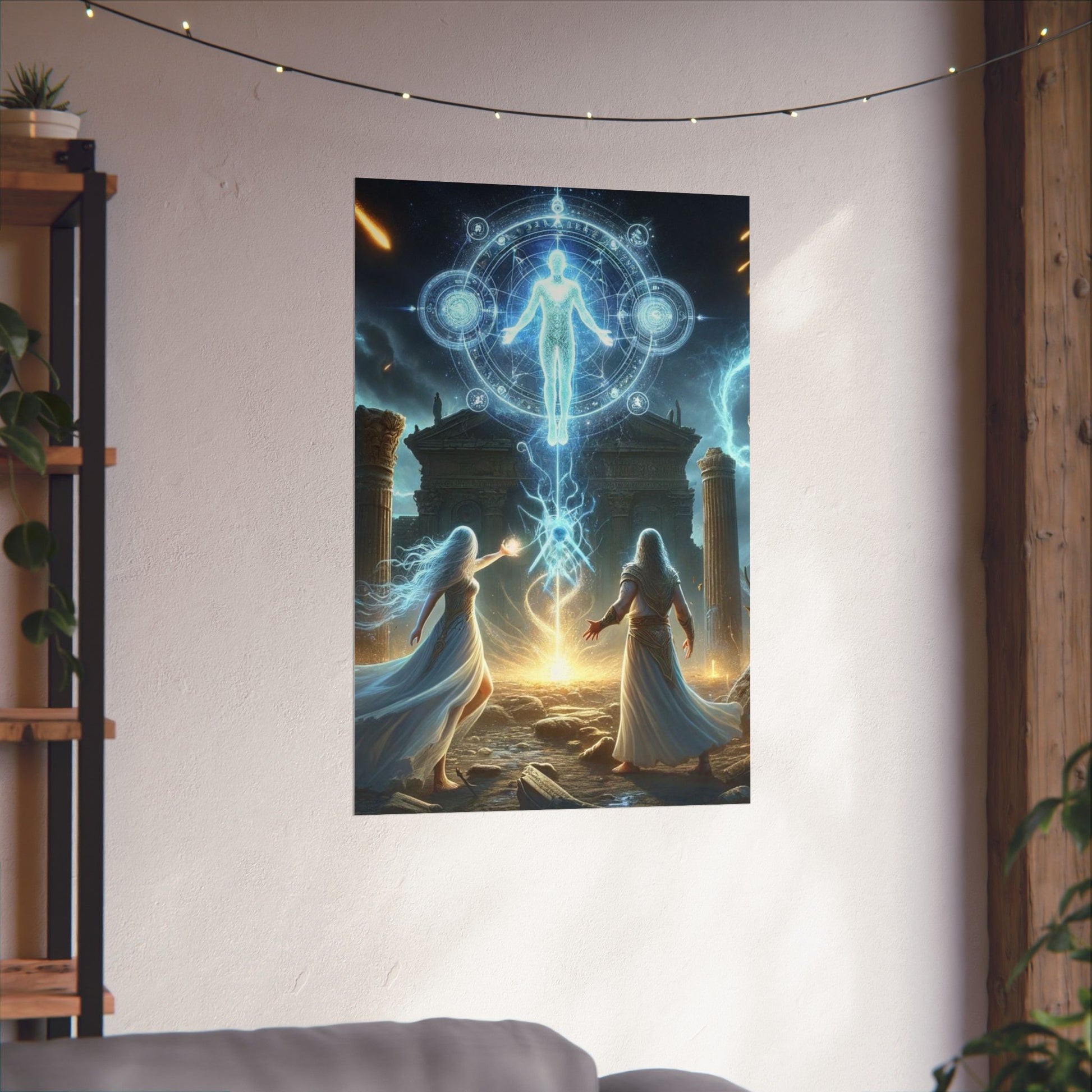 The Arrival Poster hung on a neutral wall, creating a striking focal point with its vibrant and mysterious design.