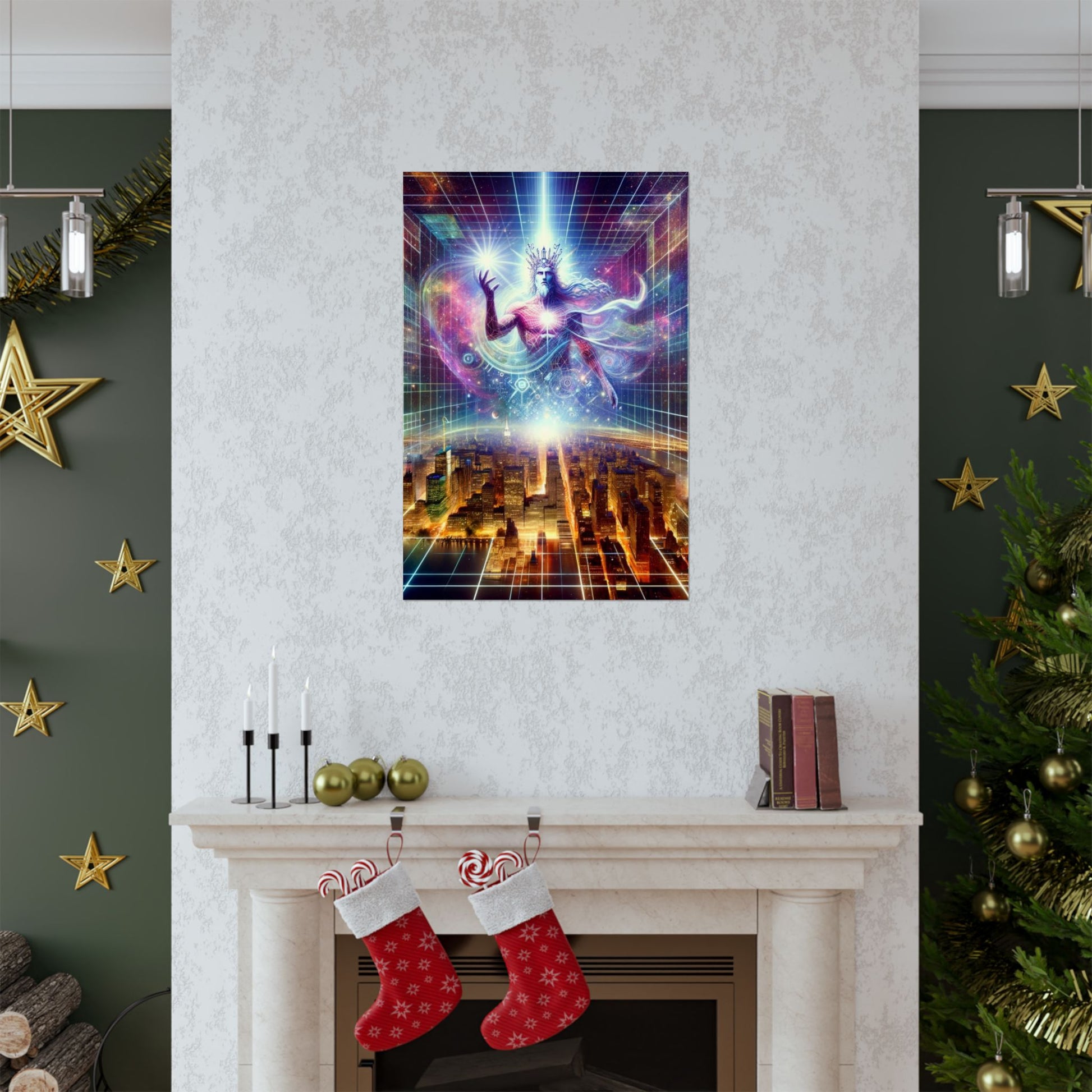 The Awakening Poster displayed above a fireplace, radiating warmth, wisdom, and spiritual enlightenment into the space.