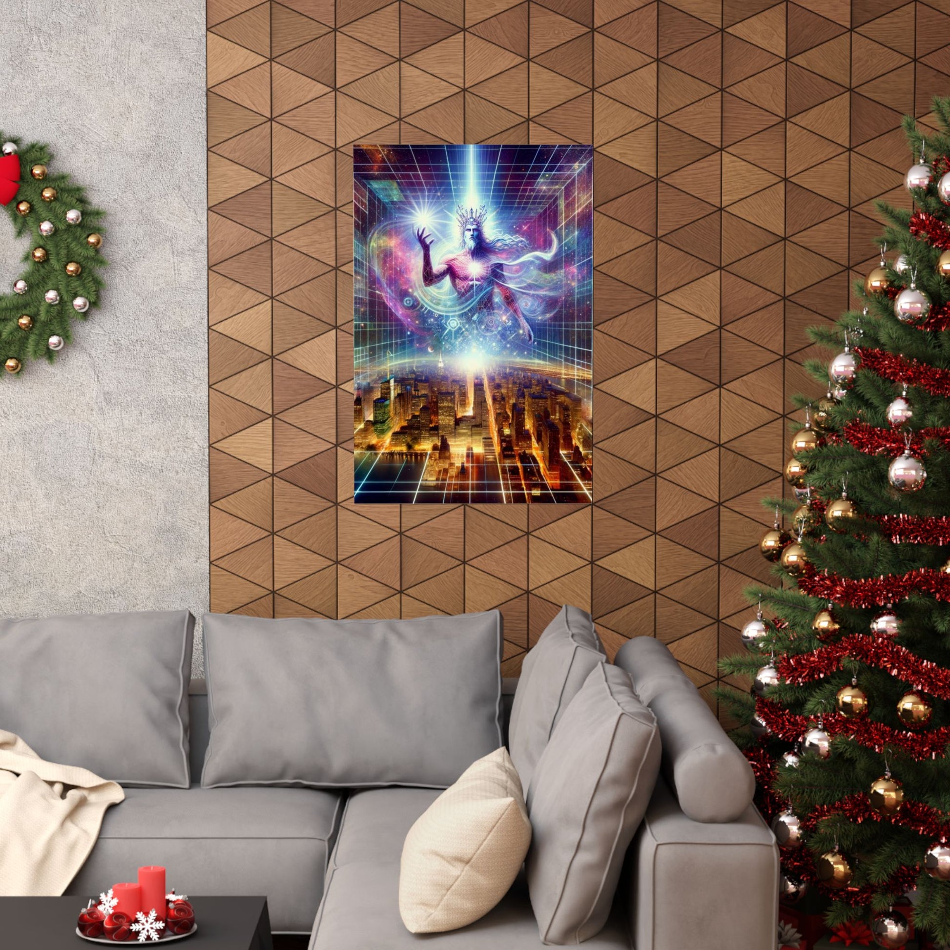 The Awakening Poster elegantly displayed above a couch, creating a peaceful and inspiring living room atmosphere.