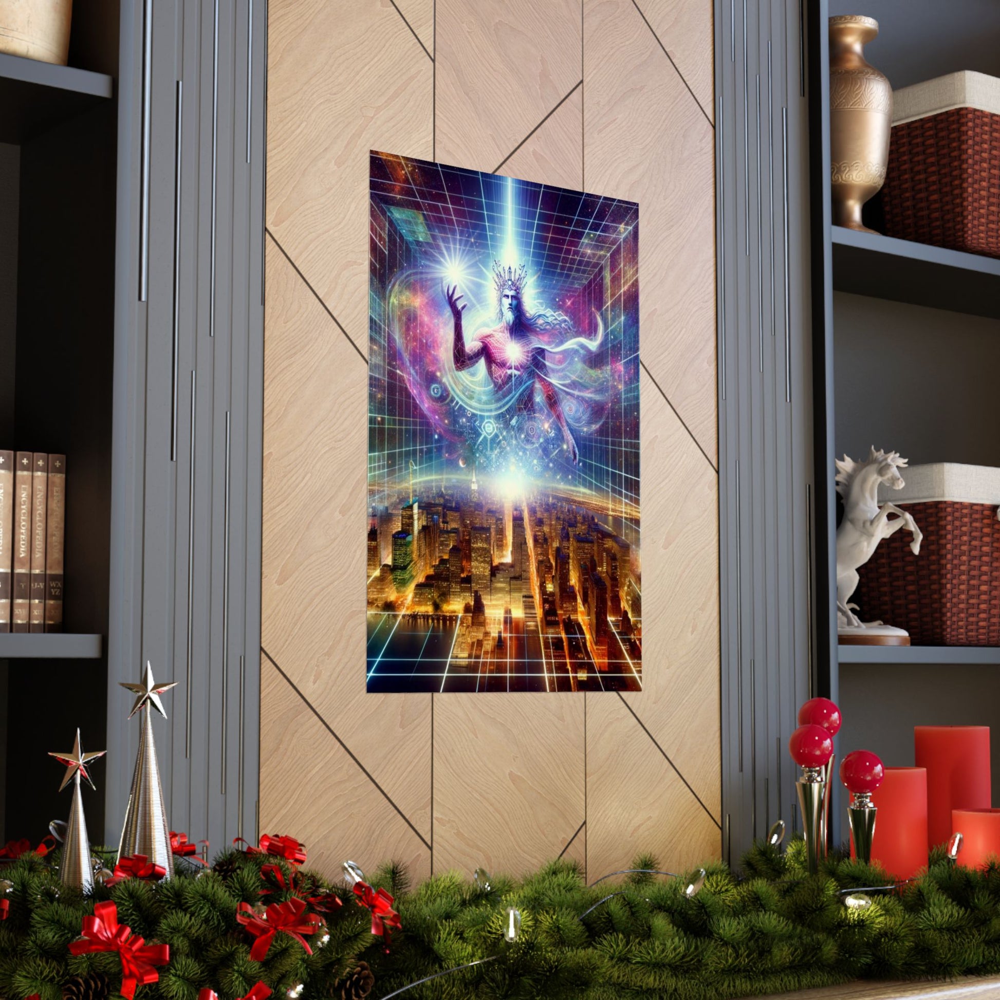 The Awakening Poster placed between two shelves, bringing a touch of spiritual energy to a modern home setting.