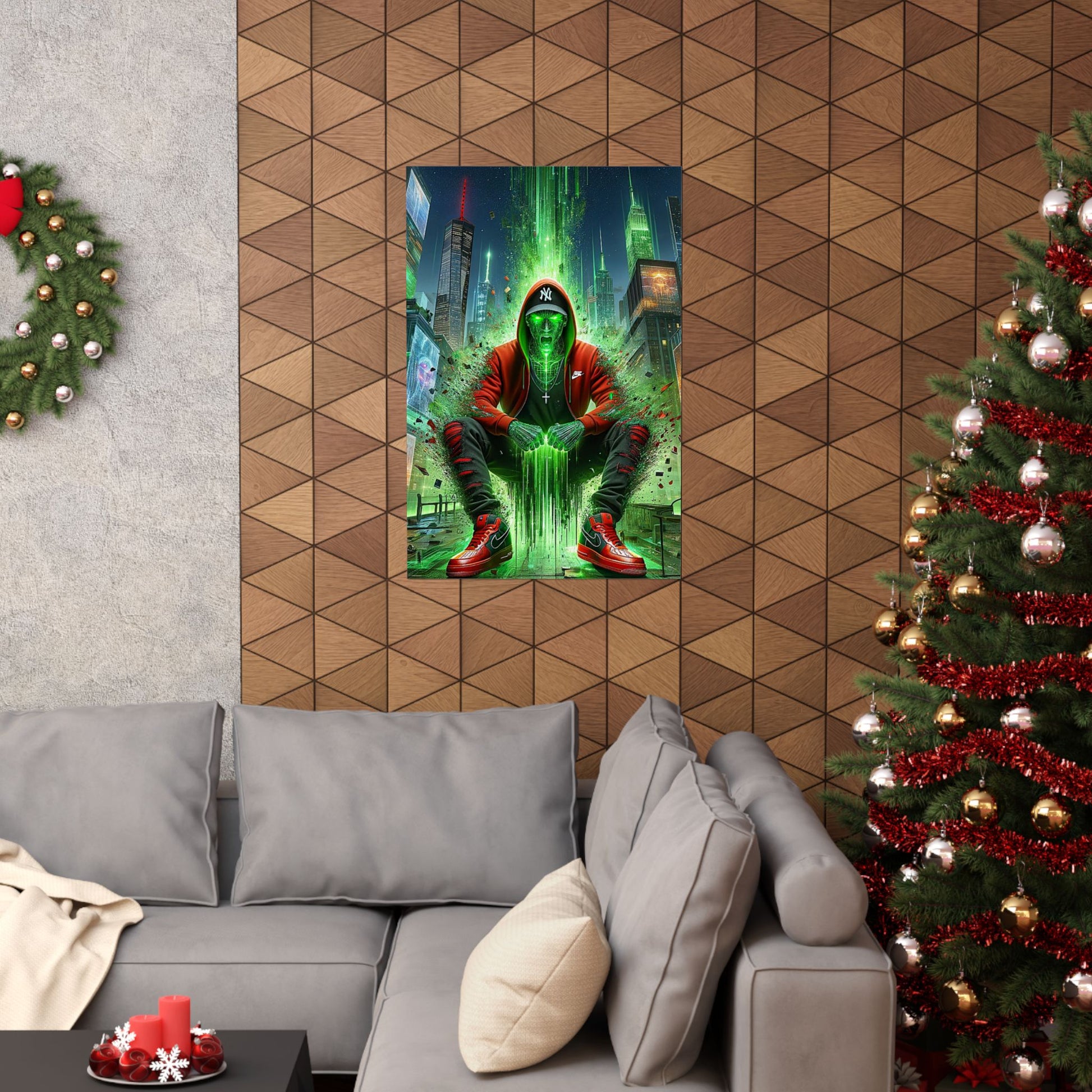 The Breakthrough Poster displayed above a couch, bringing an inspiring energy to modern living room decor.