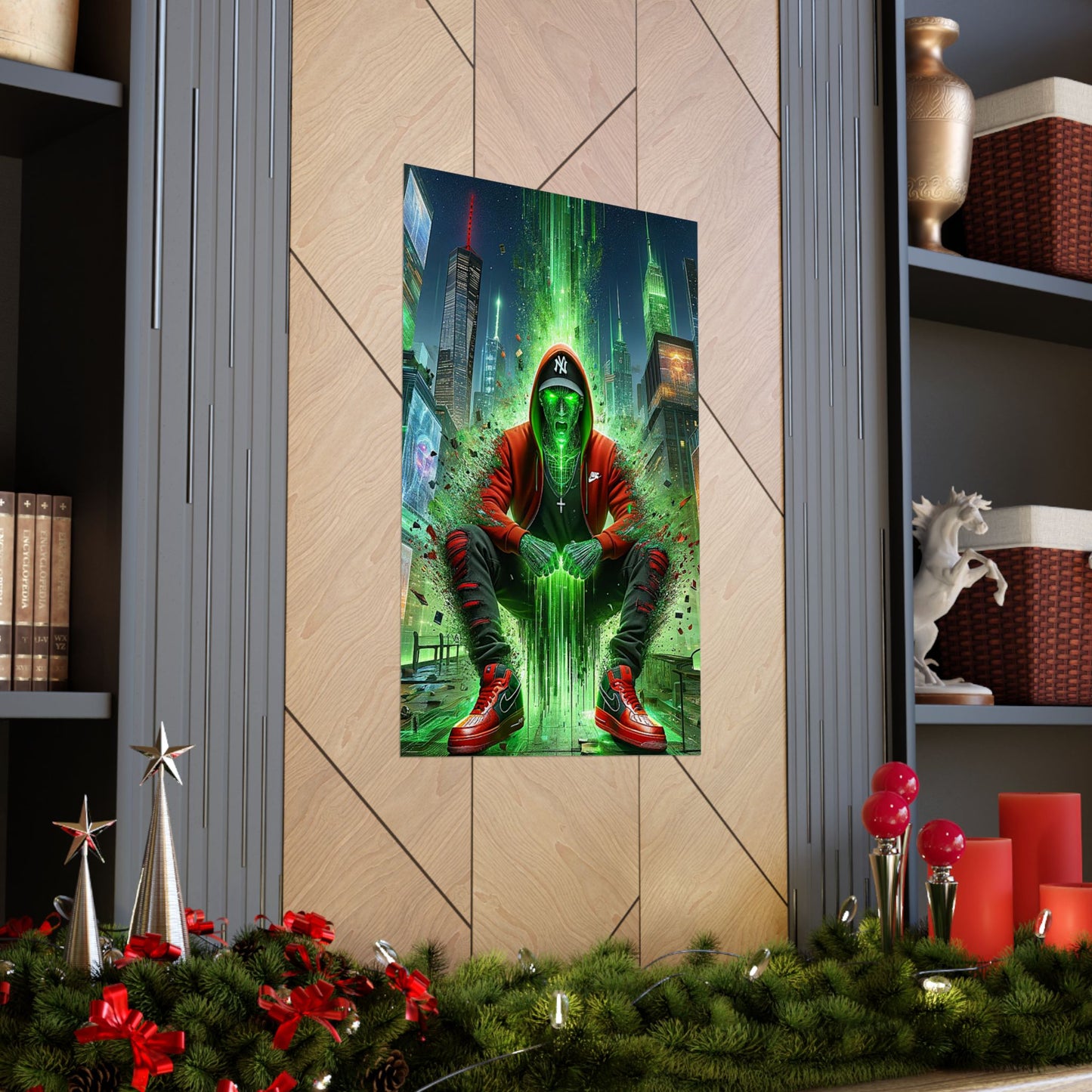 The Breakthrough Poster perfectly placed between two shelves, creating an artistic and motivational home decor setup.