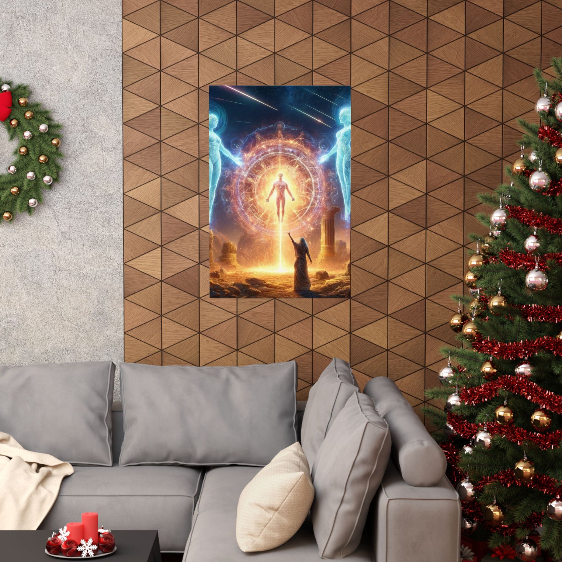 The Divine One Poster displayed above a couch, radiating peaceful energy and elevating living room decor.
