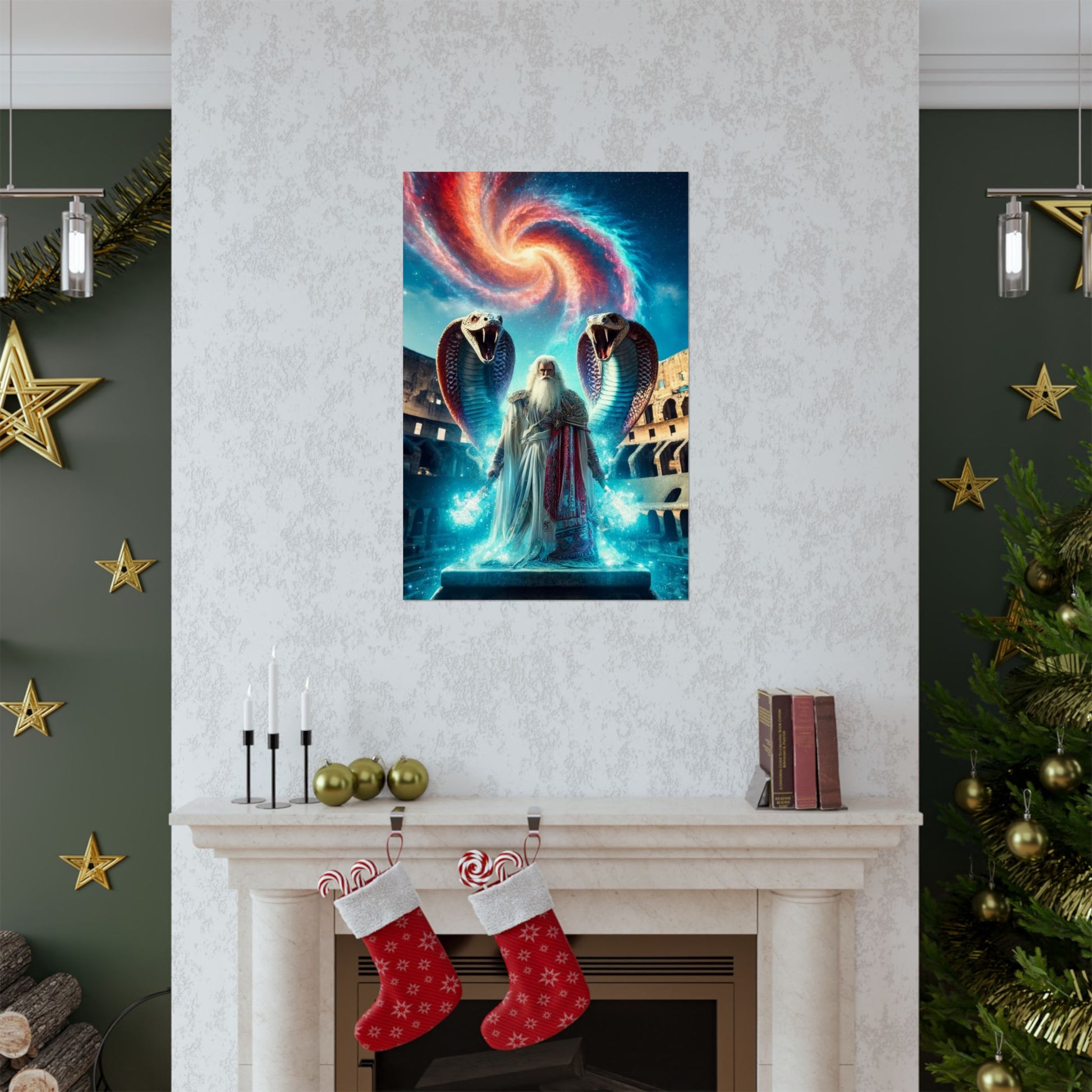 The Healer Poster positioned above a fireplace, infusing the space with warm, spiritual healing energy and artistic depth.