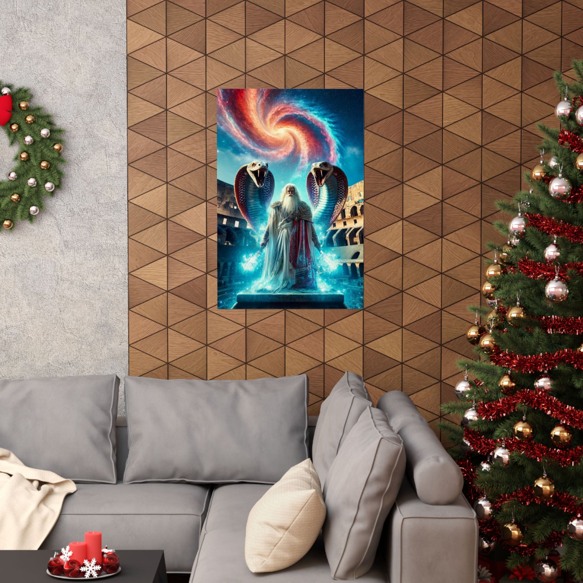 The Healer Poster displayed above a couch, bringing a sense of serenity and spiritual energy to living room decor.