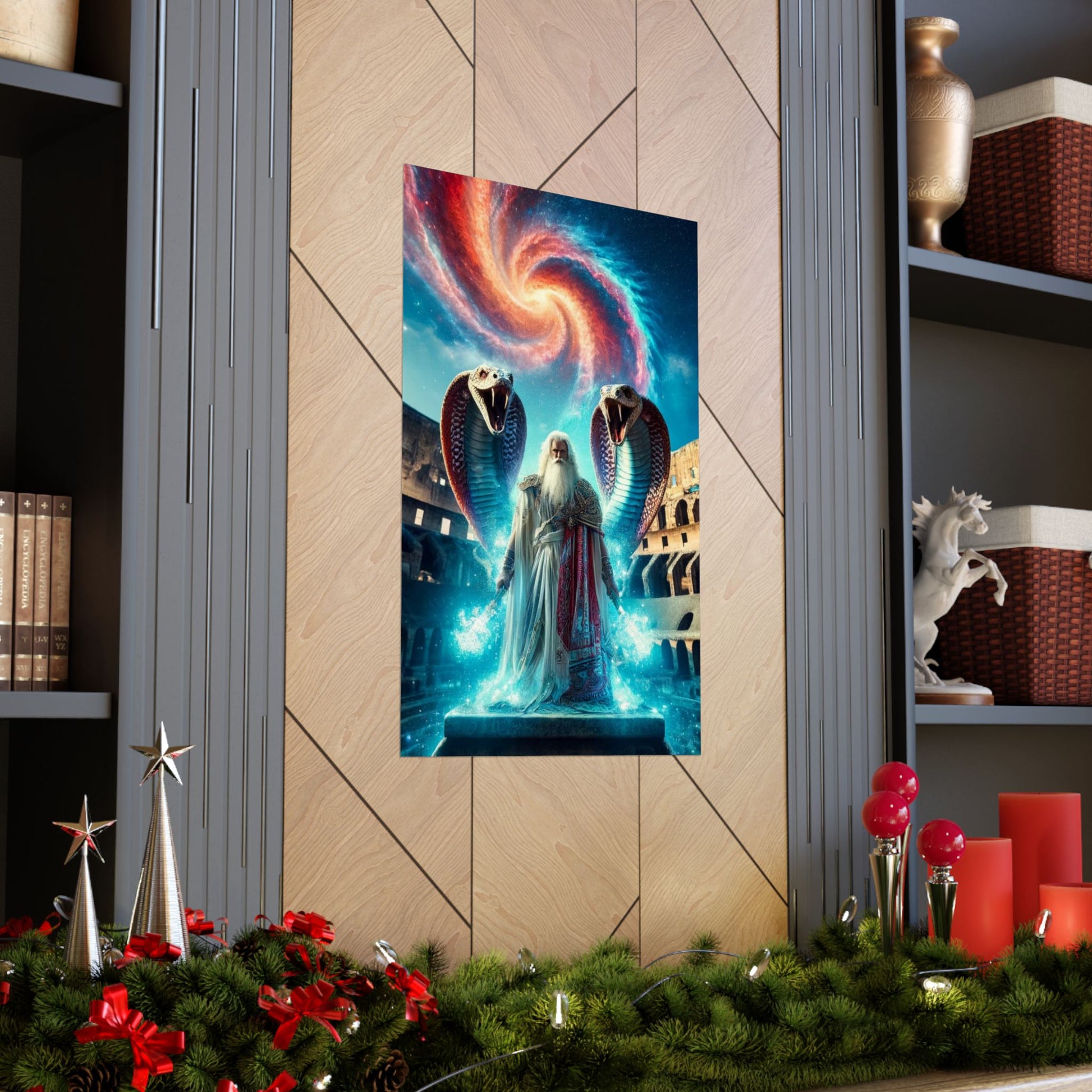 The Healer Poster placed between two shelves, enhancing a contemporary home with its spiritual and healing presence.