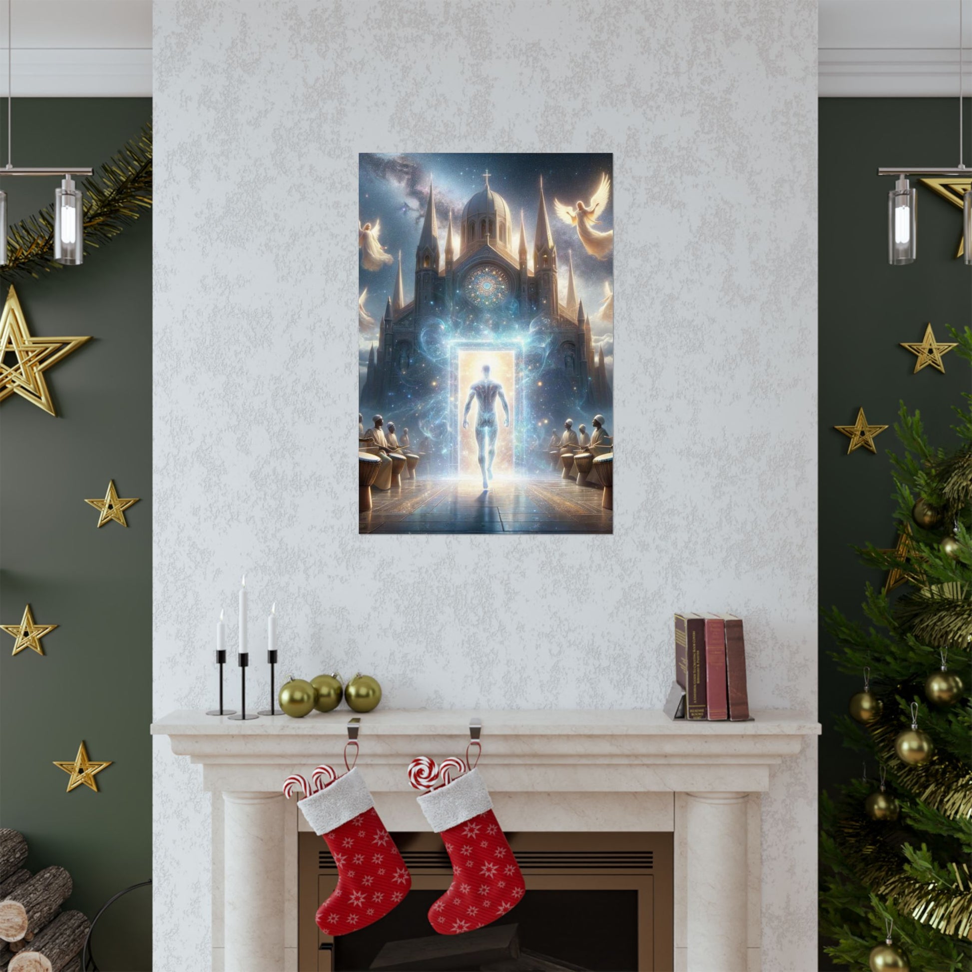 The Kingdom Poster positioned above a fireplace, adding regal energy and deep symbolism to the space.