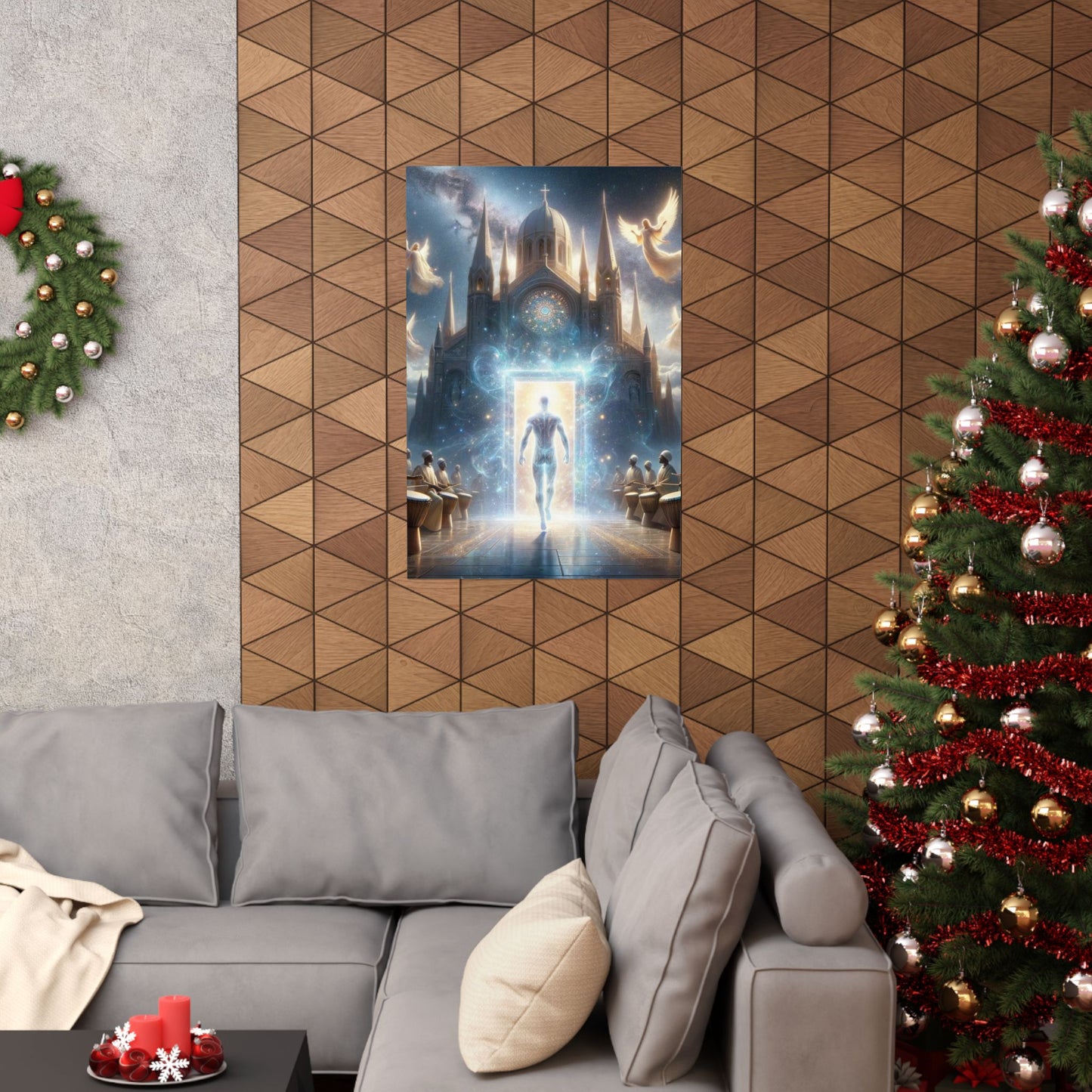 The Kingdom Poster displayed above a couch, bringing a powerful and elegant presence to modern living room decor.