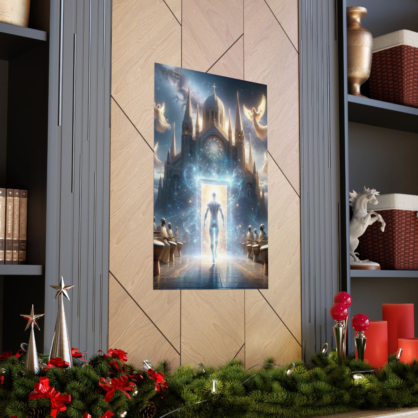The Kingdom Poster placed between two shelves, creating a balanced and visually stunning modern home decor arrangement.