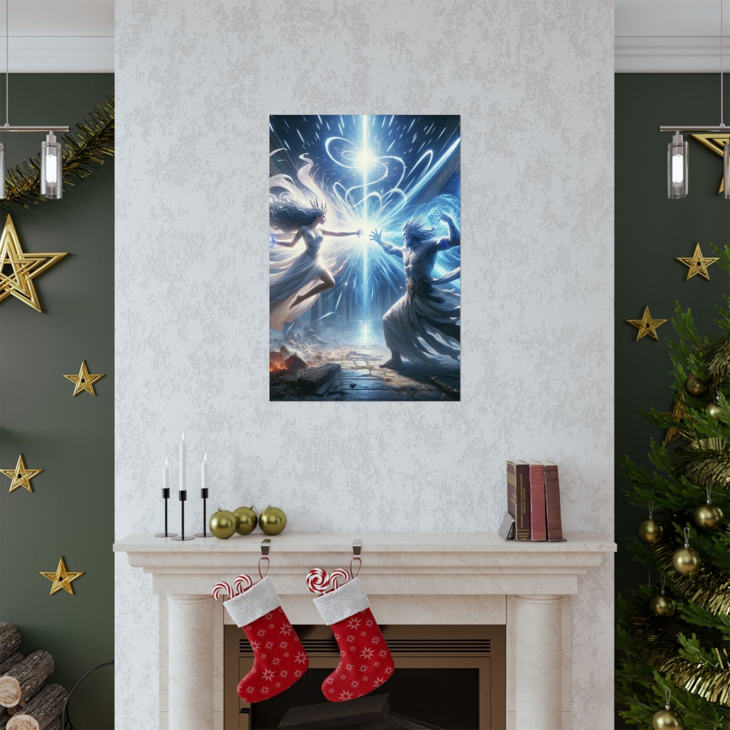 The Summoning Poster placed above a fireplace, creating a powerful focal point with its deep, mysterious artwork.