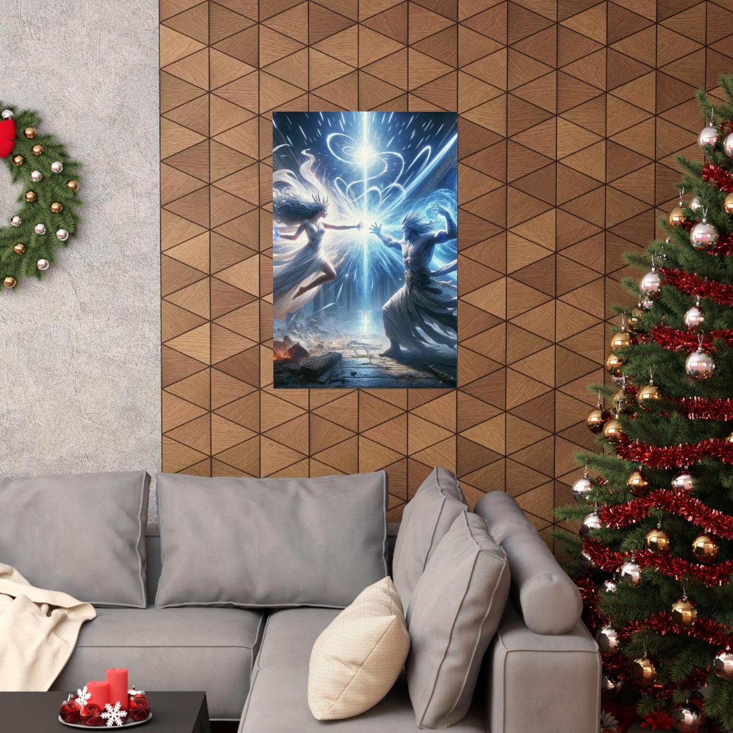 The Summoning Poster displayed above a couch, adding a mystical and dramatic touch to modern living room decor.