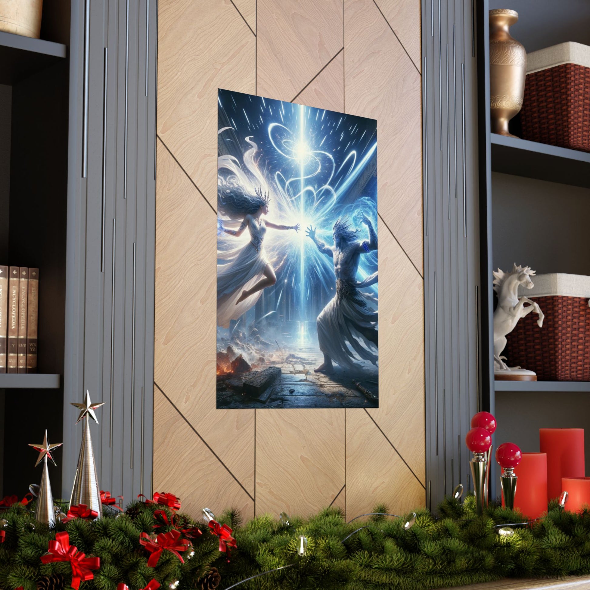 The Summoning Poster positioned between two shelves, blending dark fantasy art with contemporary home decor aesthetics.