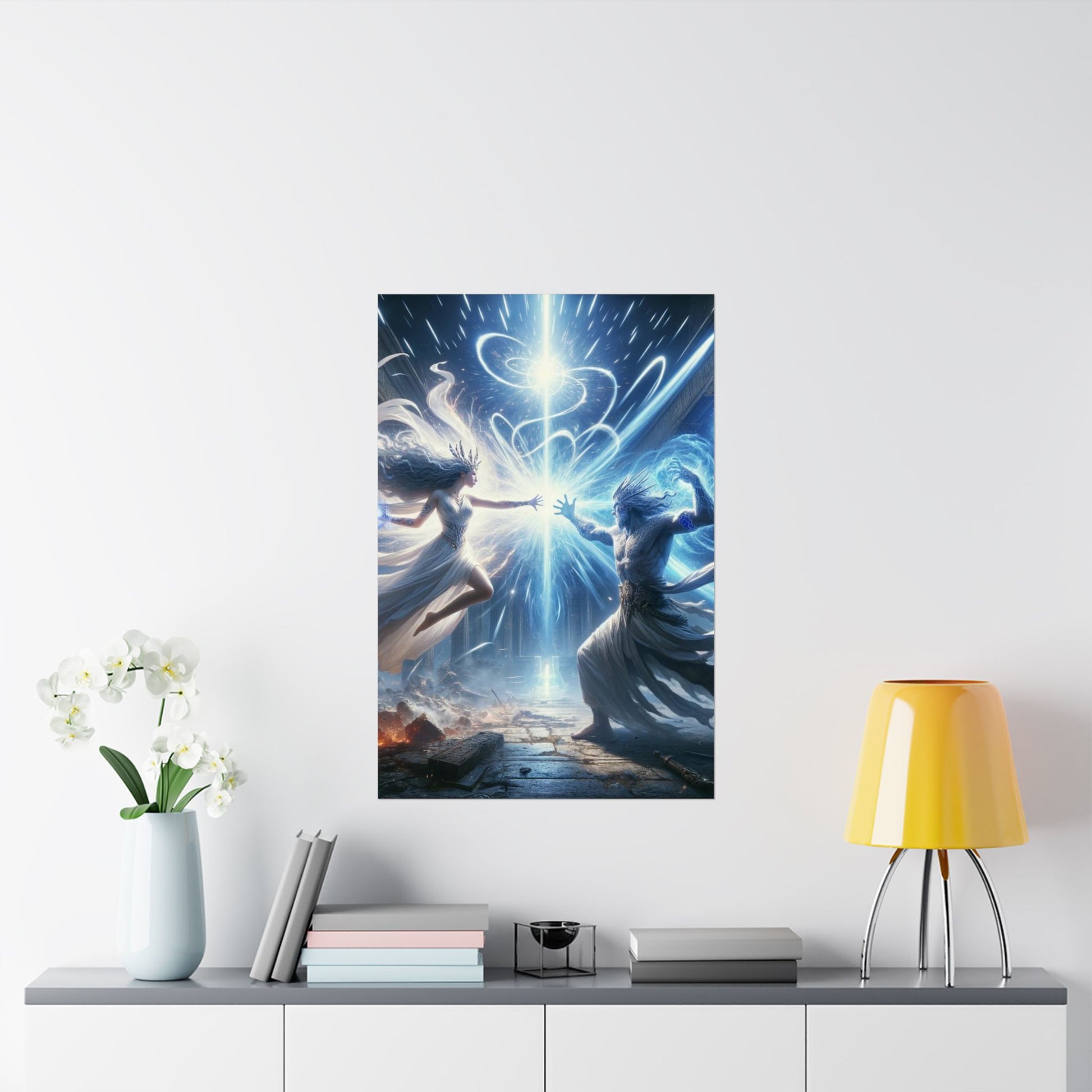 The Summoning Poster above a desk, inspiring creativity and intrigue in a gothic-inspired office or workspace setting.