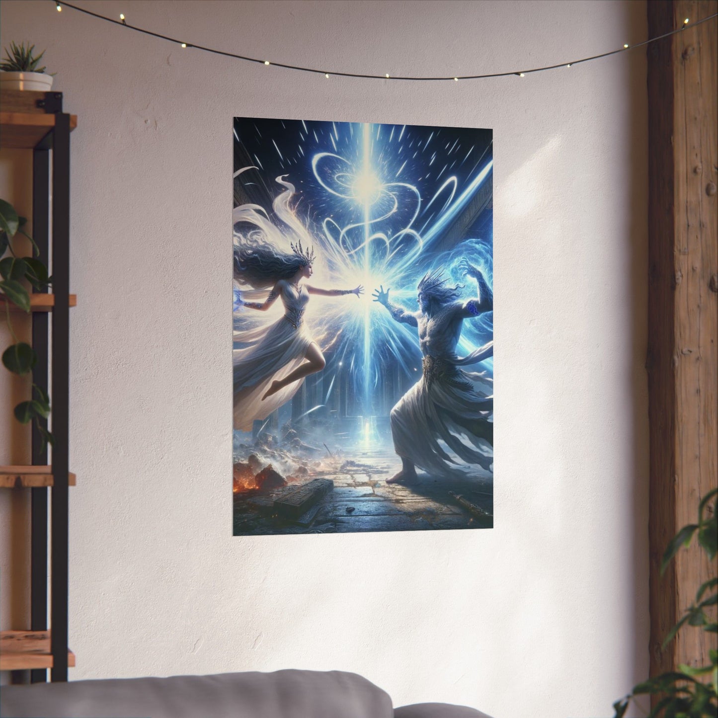 The Summoning Poster mounted on a wall, showcasing intricate, haunting artwork for lovers of dark fantasy and occult themes.