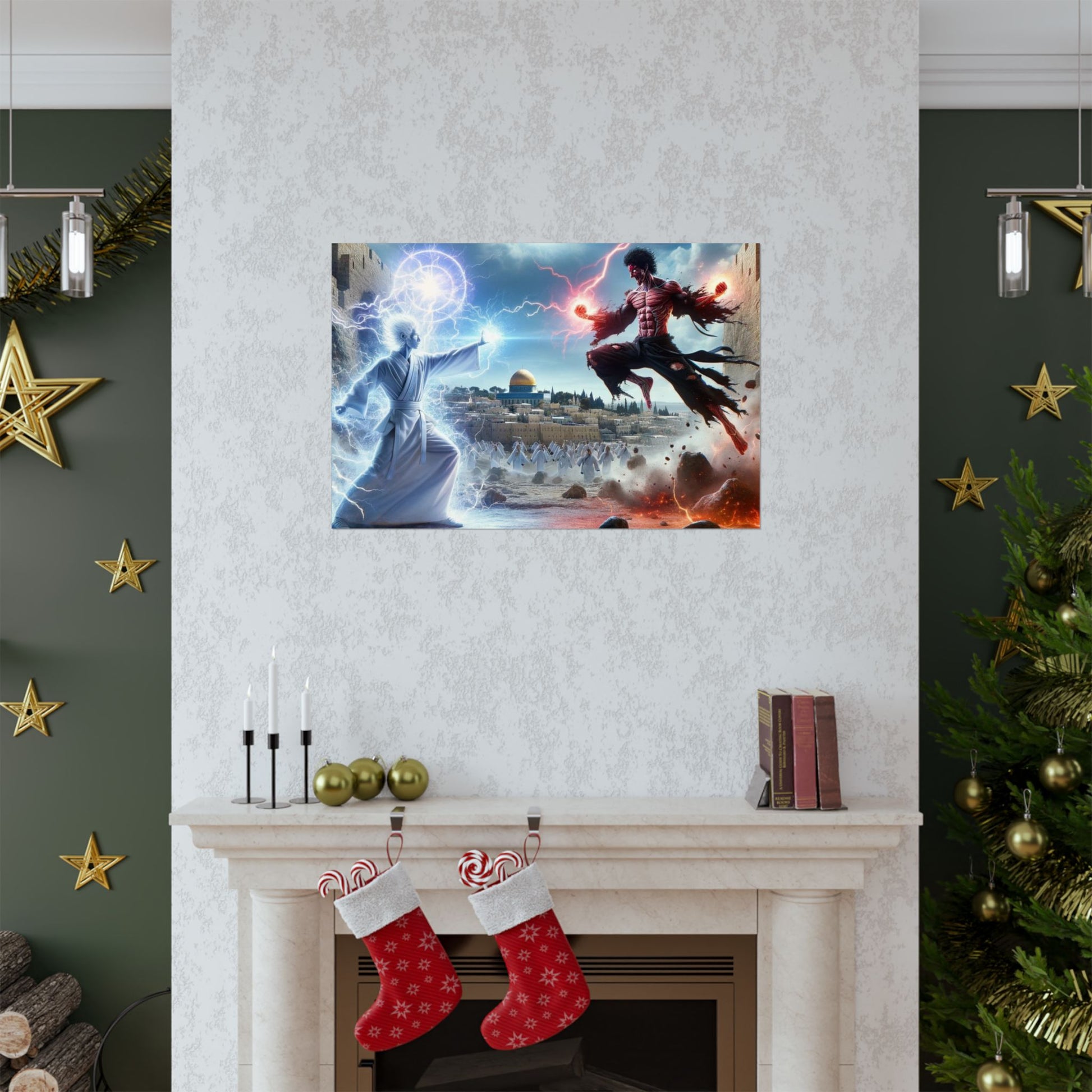 The Ultimate Battle I Poster positioned above a fireplace, adding a dramatic and powerful presence to the space.