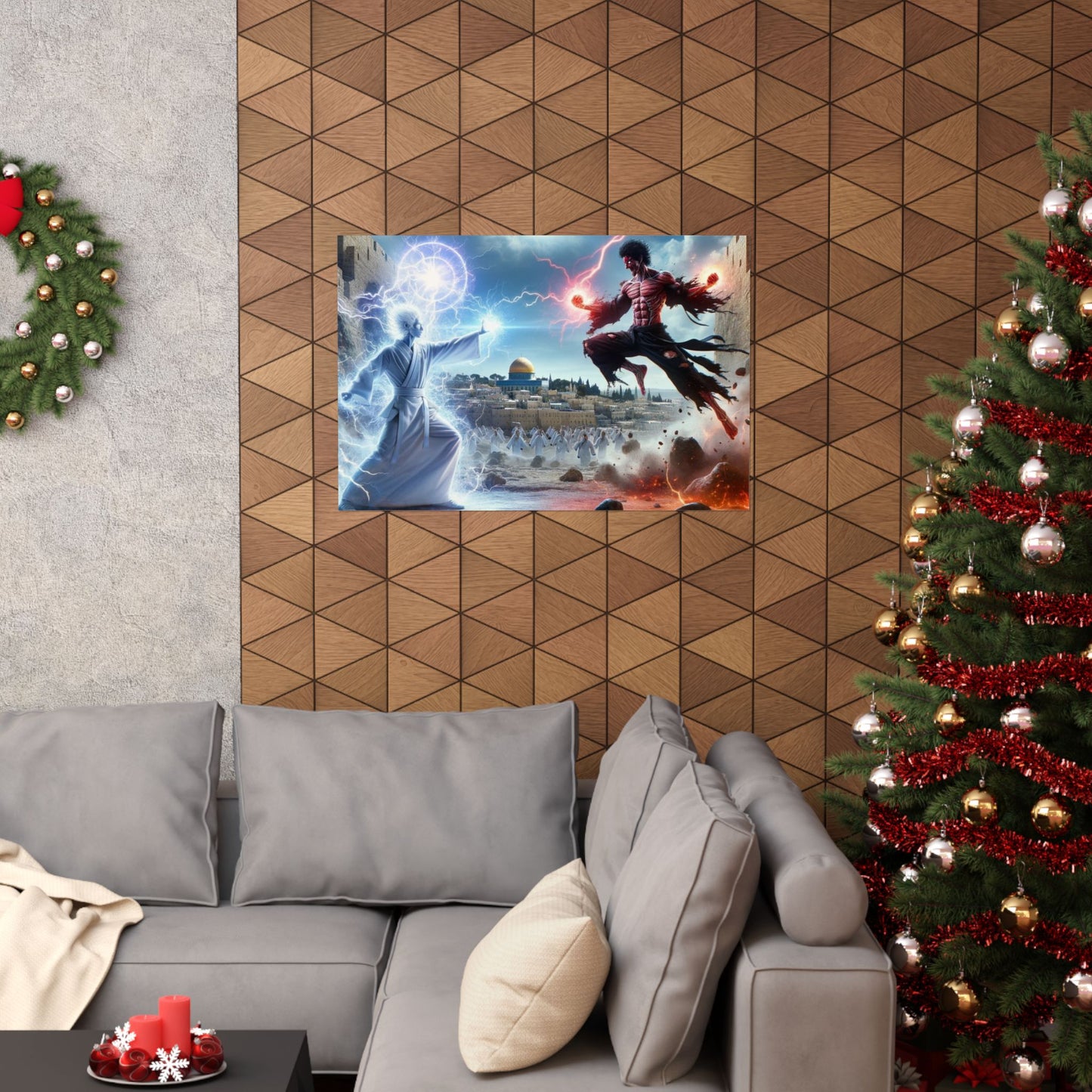 The Ultimate Battle I Poster displayed above a couch, adding an epic and powerful touch to modern living room decor.