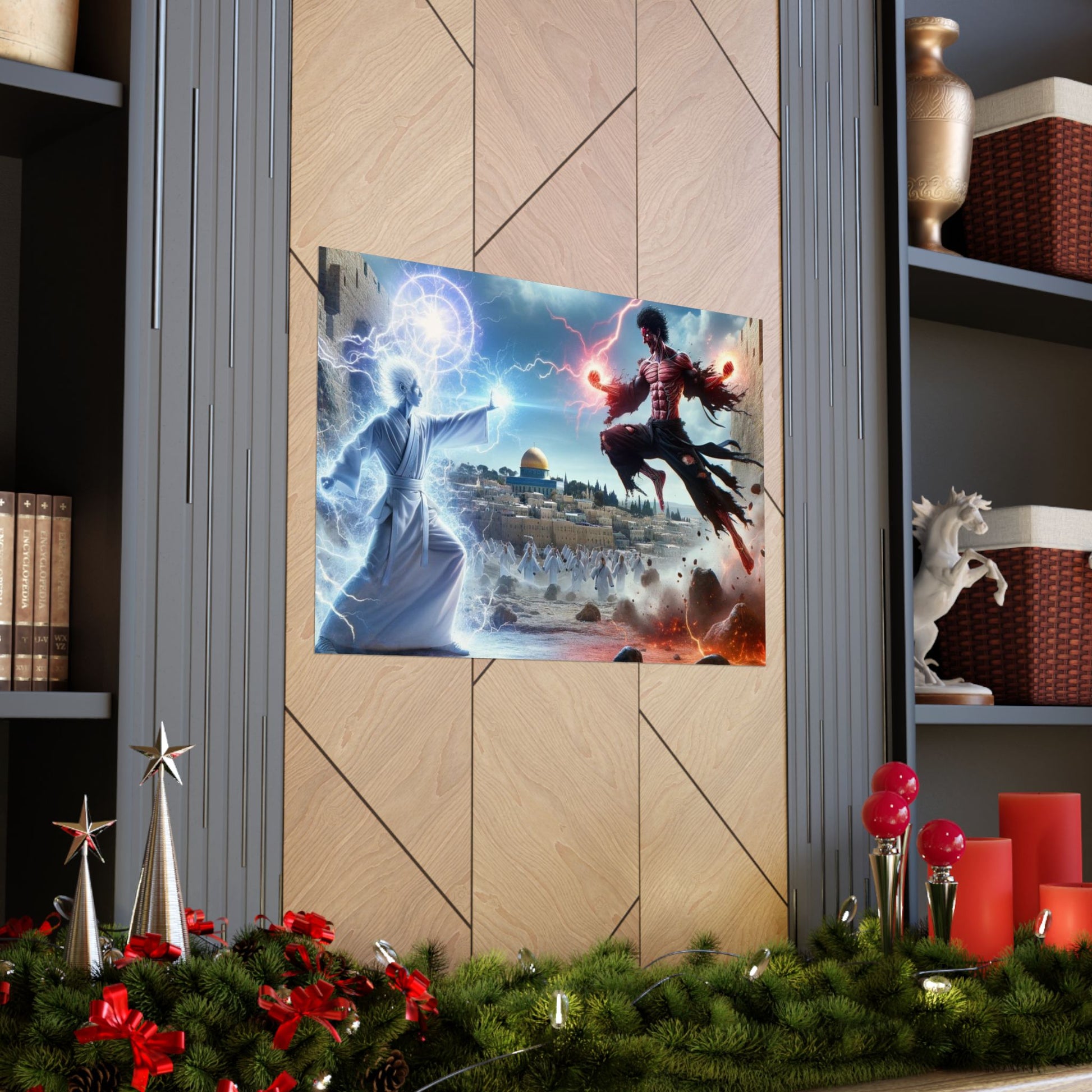 The Ultimate Battle I Poster placed between two shelves, creating a striking centerpiece for a modern home decor setup.