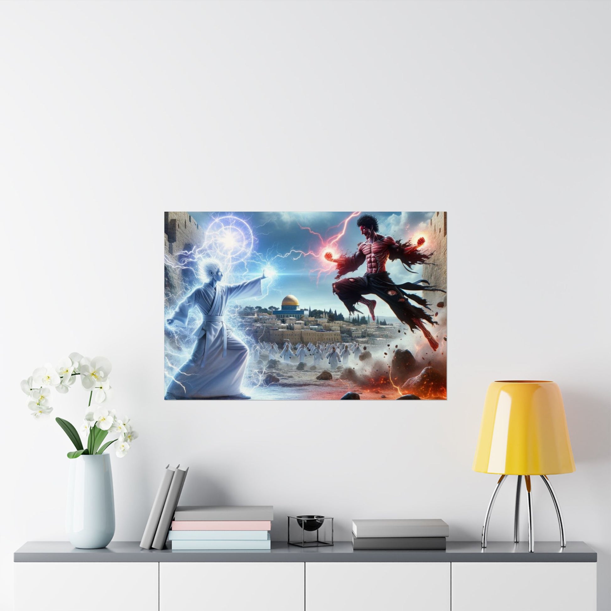 The Ultimate Battle I Poster above a desk, inspiring strength and strategy in a creative workspace or gaming setup.