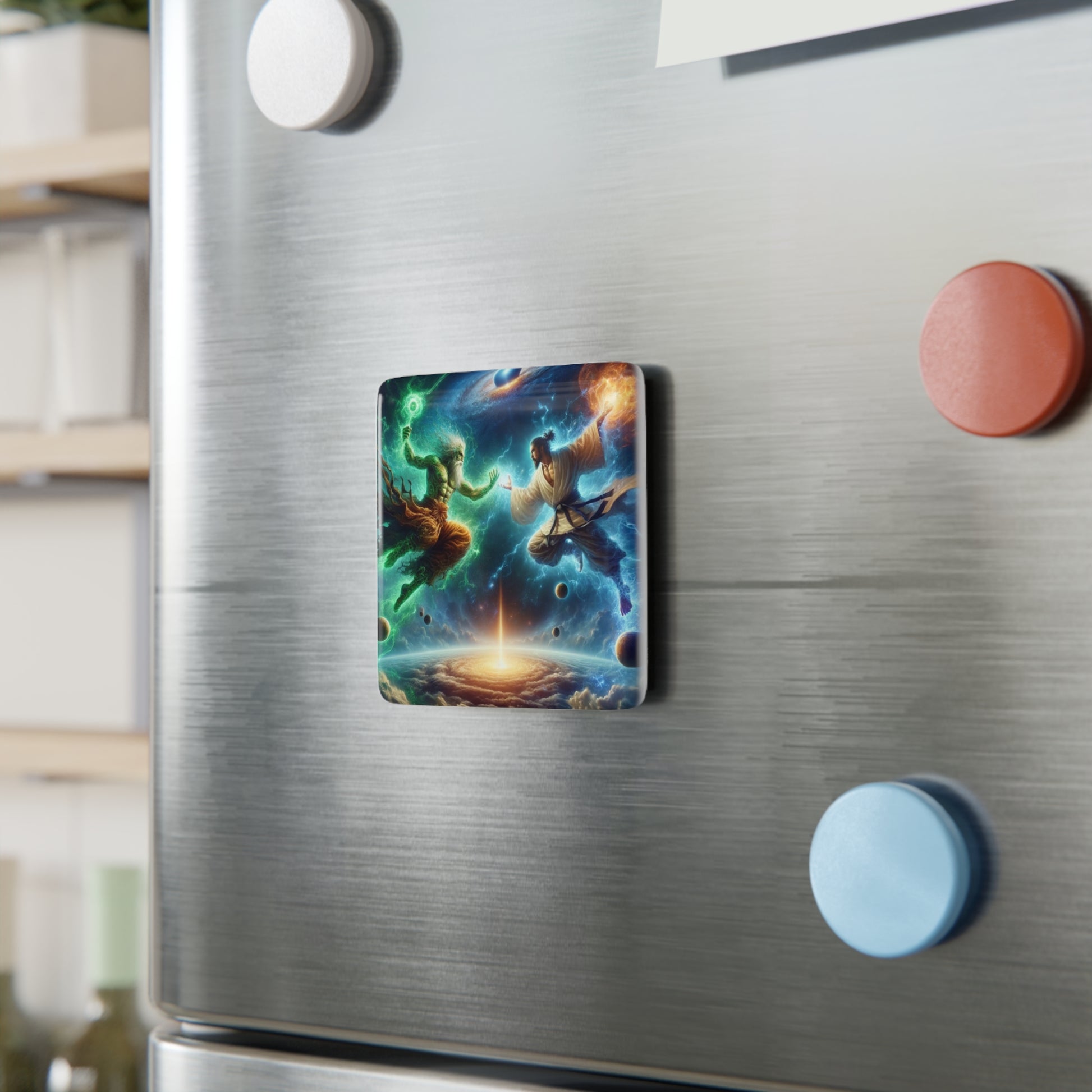 The Ultimate Battle II Magnet attached to a metallic surface, showcasing its vibrant artwork and strong hold.