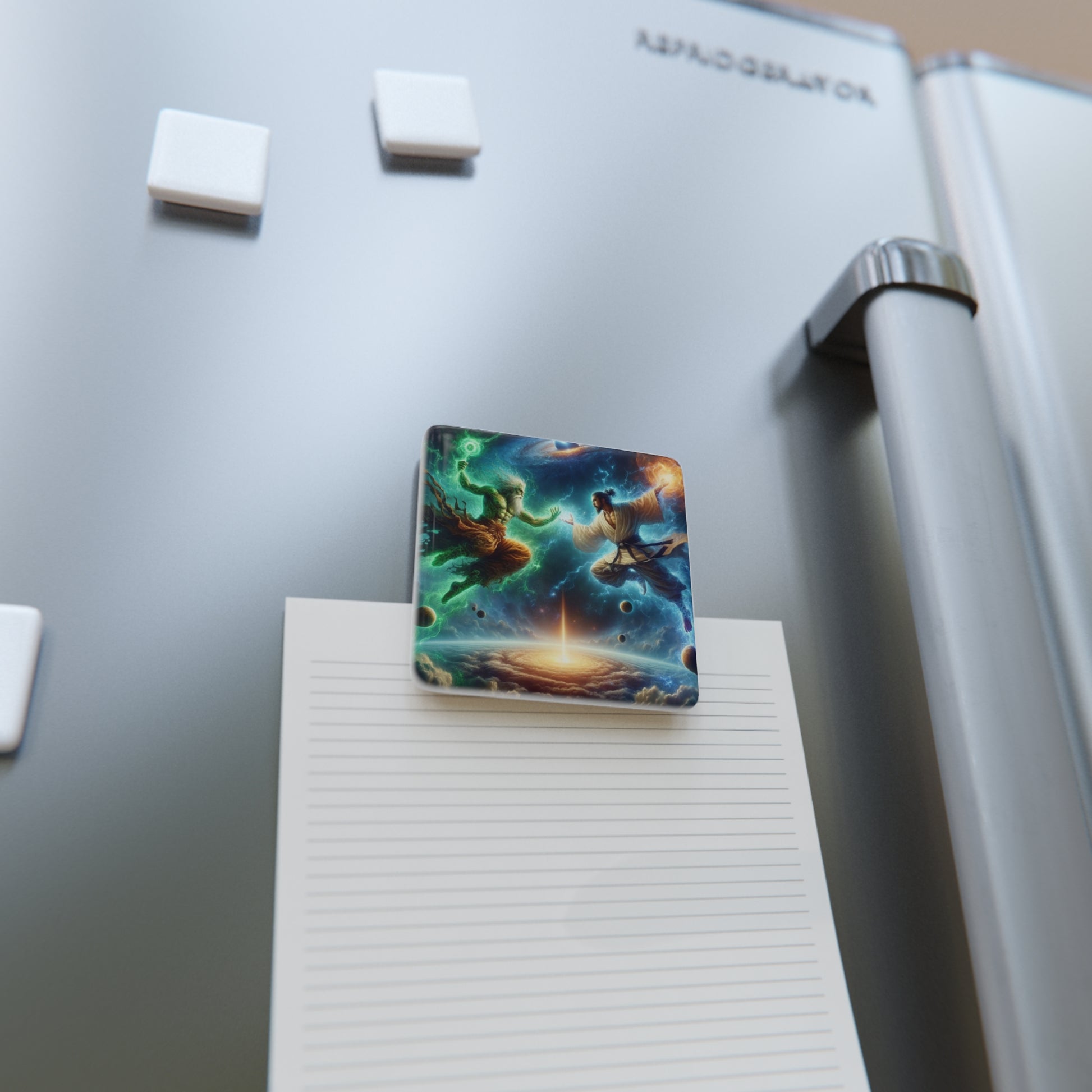 The Ultimate Battle II Magnet displayed on a refrigerator, adding a touch of fantasy art to kitchen decor.