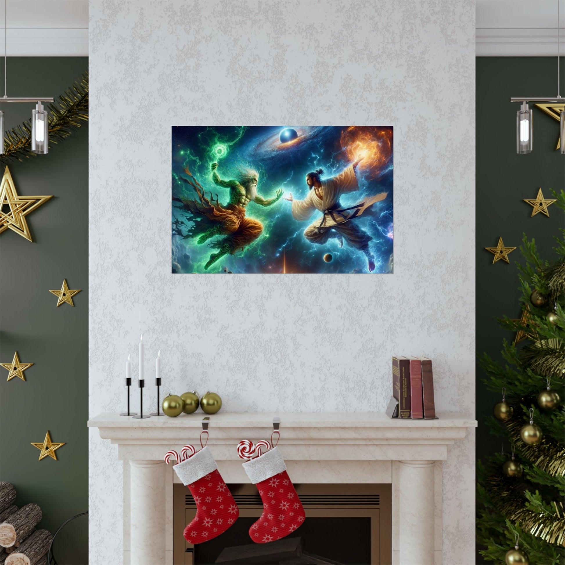 The Ultimate Battle II Poster positioned above a fireplace, adding dramatic visual impact and storytelling depth to the room.