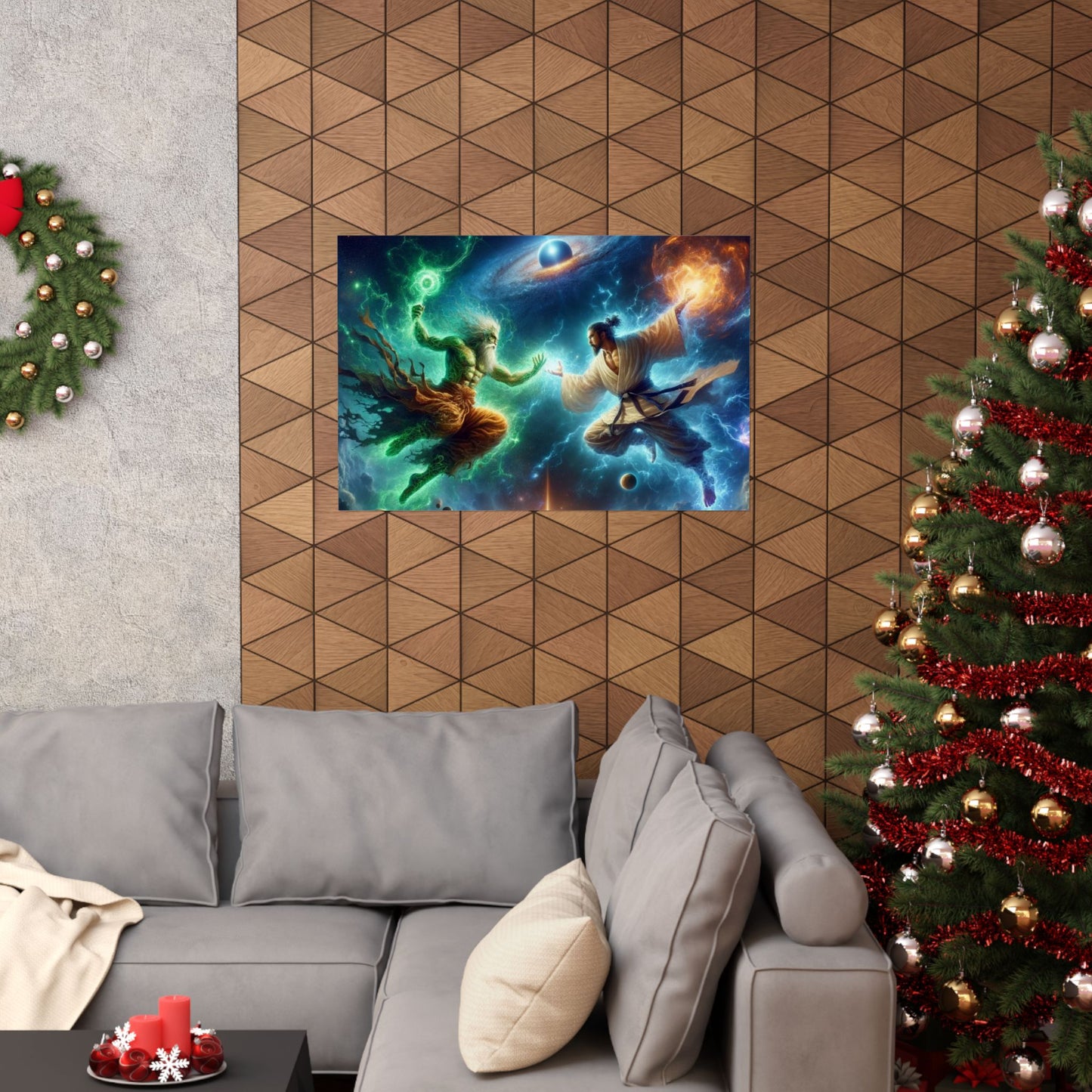 The Ultimate Battle II Poster displayed above a couch, adding bold and intense energy to modern living room decor.