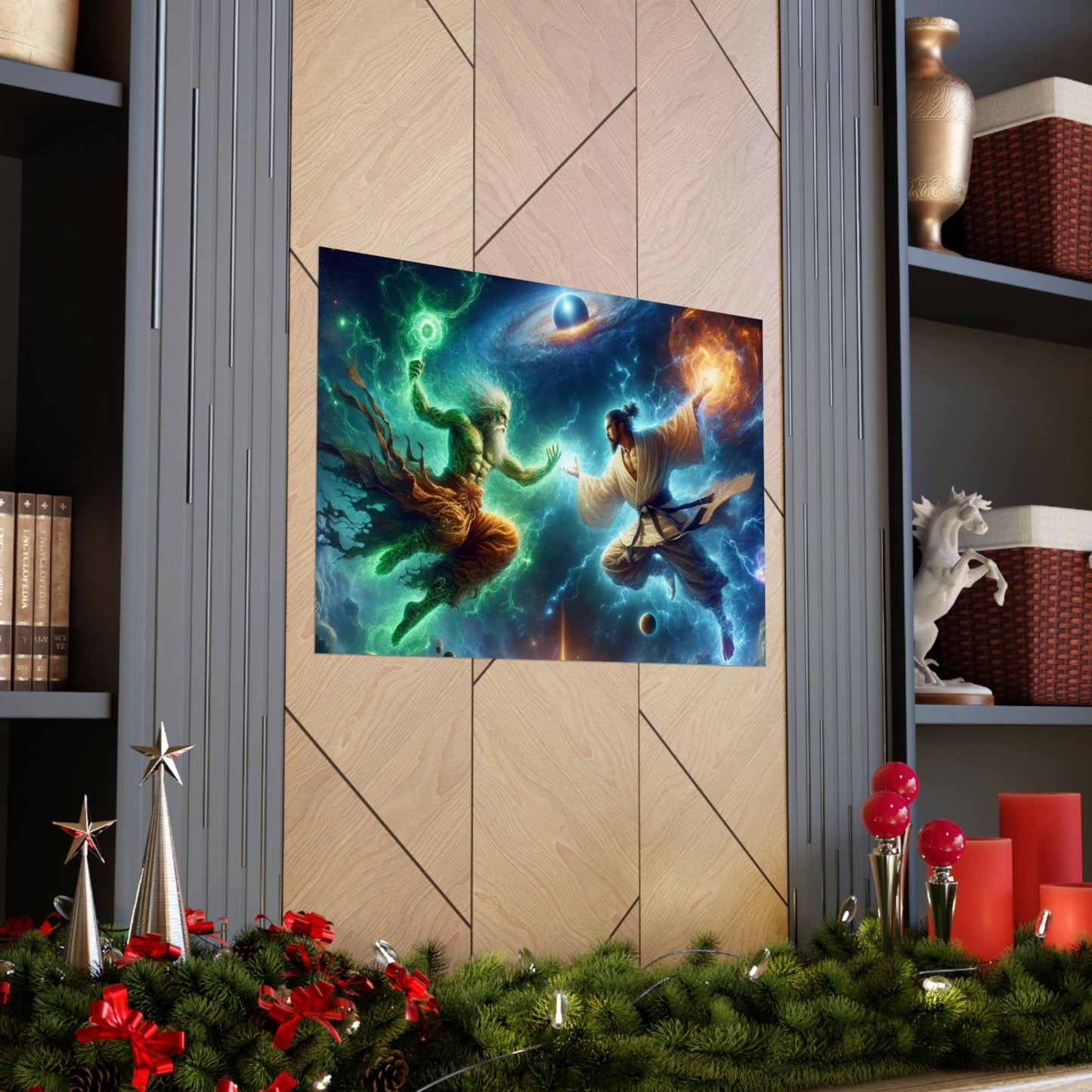 The Ultimate Battle II Poster placed between two shelves, creating a striking and immersive modern home decor setup.