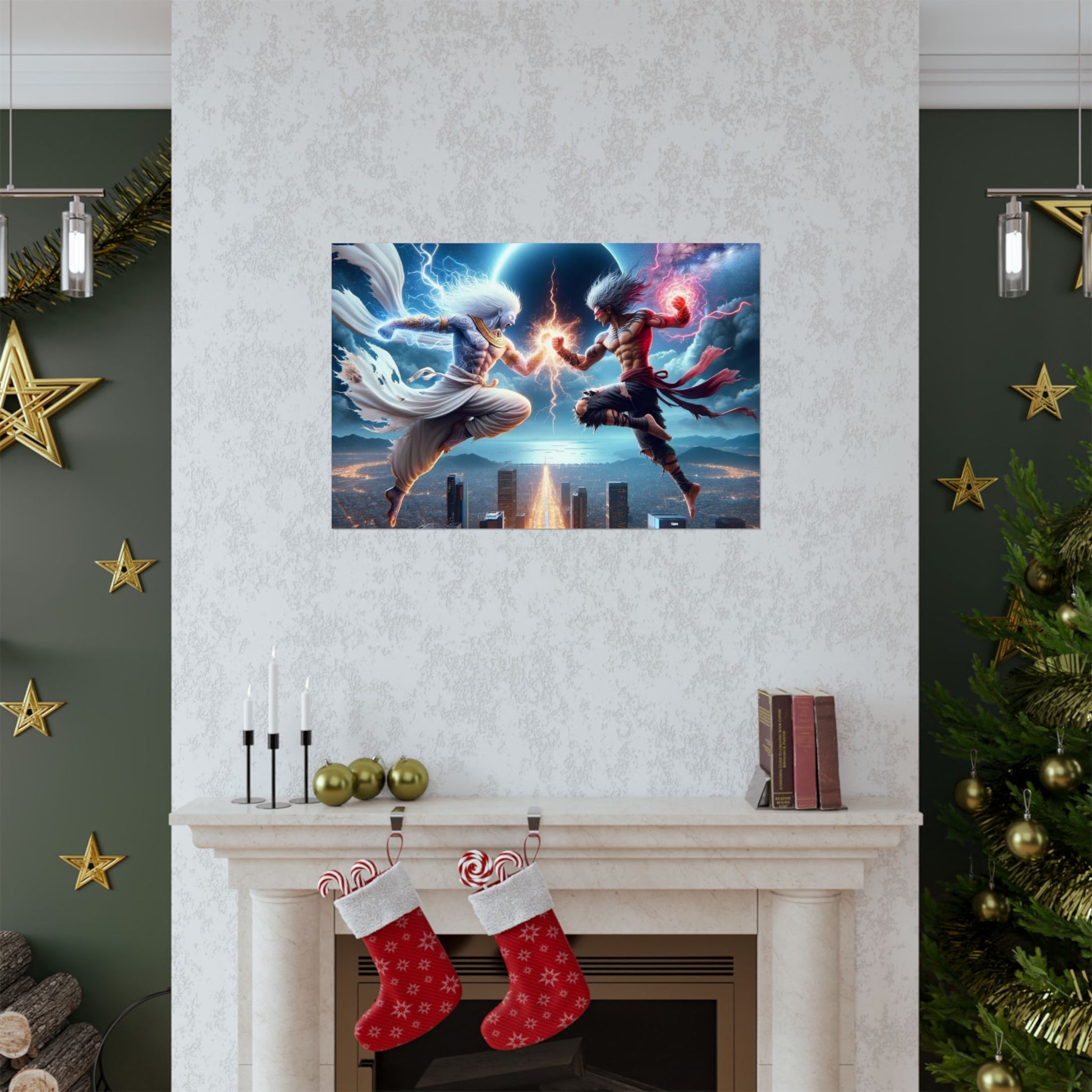 The Ultimate Battle III Poster positioned above a fireplace, creating a dramatic focal point in any fantasy or gaming-inspired space.