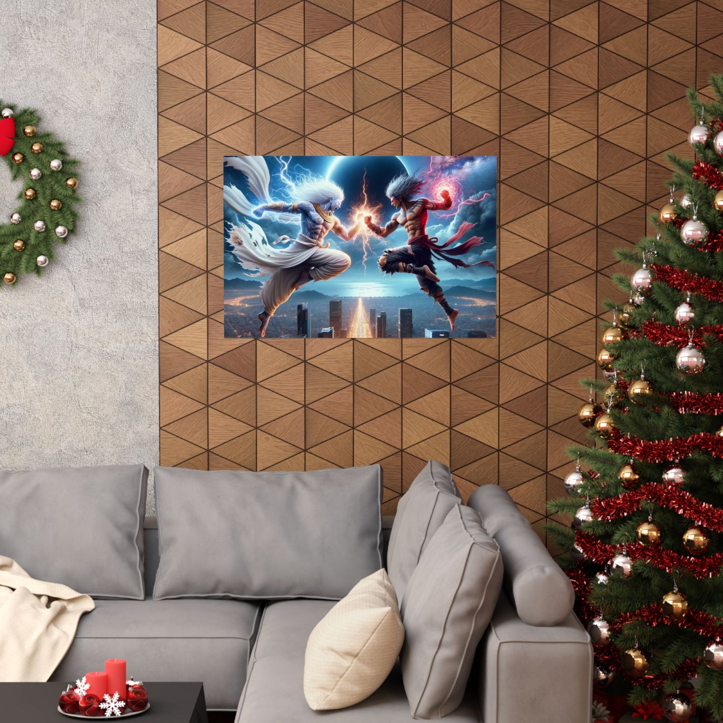 The Ultimate Battle III Poster displayed above a couch, adding an intense, action-packed energy to modern living room decor.