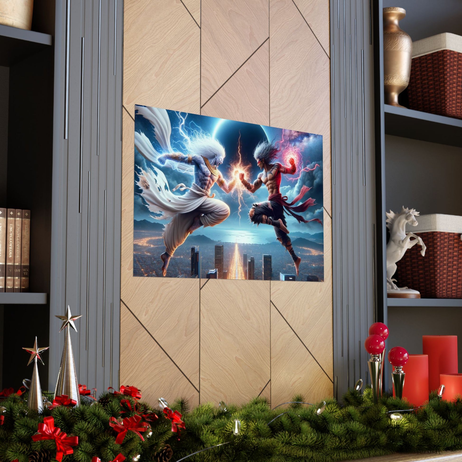 The Ultimate Battle III Poster perfectly positioned between two shelves, enhancing a modern home decor setup with fantasy-inspired artwork.