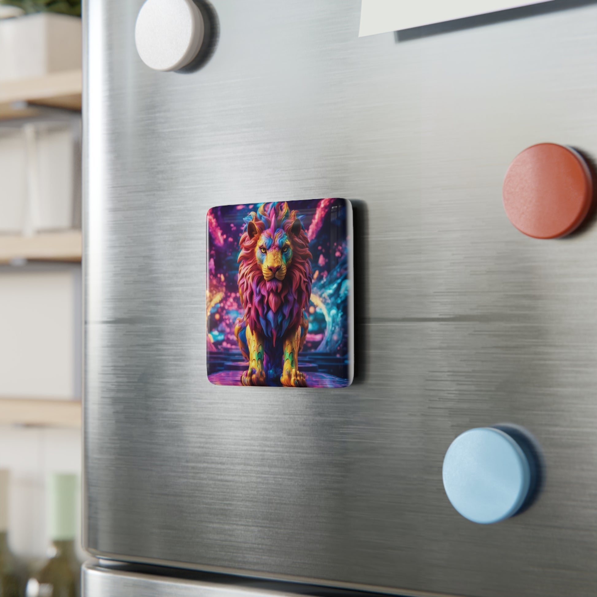 The Vibrant Lion Magnet attached to a metallic surface, adding a bold artistic touch to any space.
