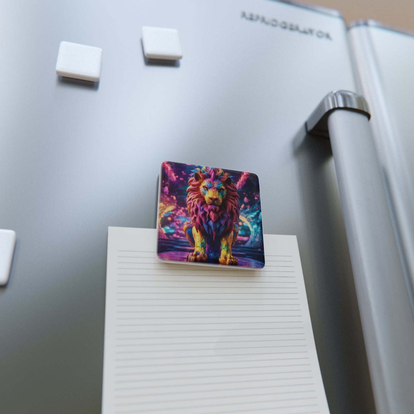 The Vibrant Lion Magnet securing a note on a refrigerator, combining style with function for home organization.