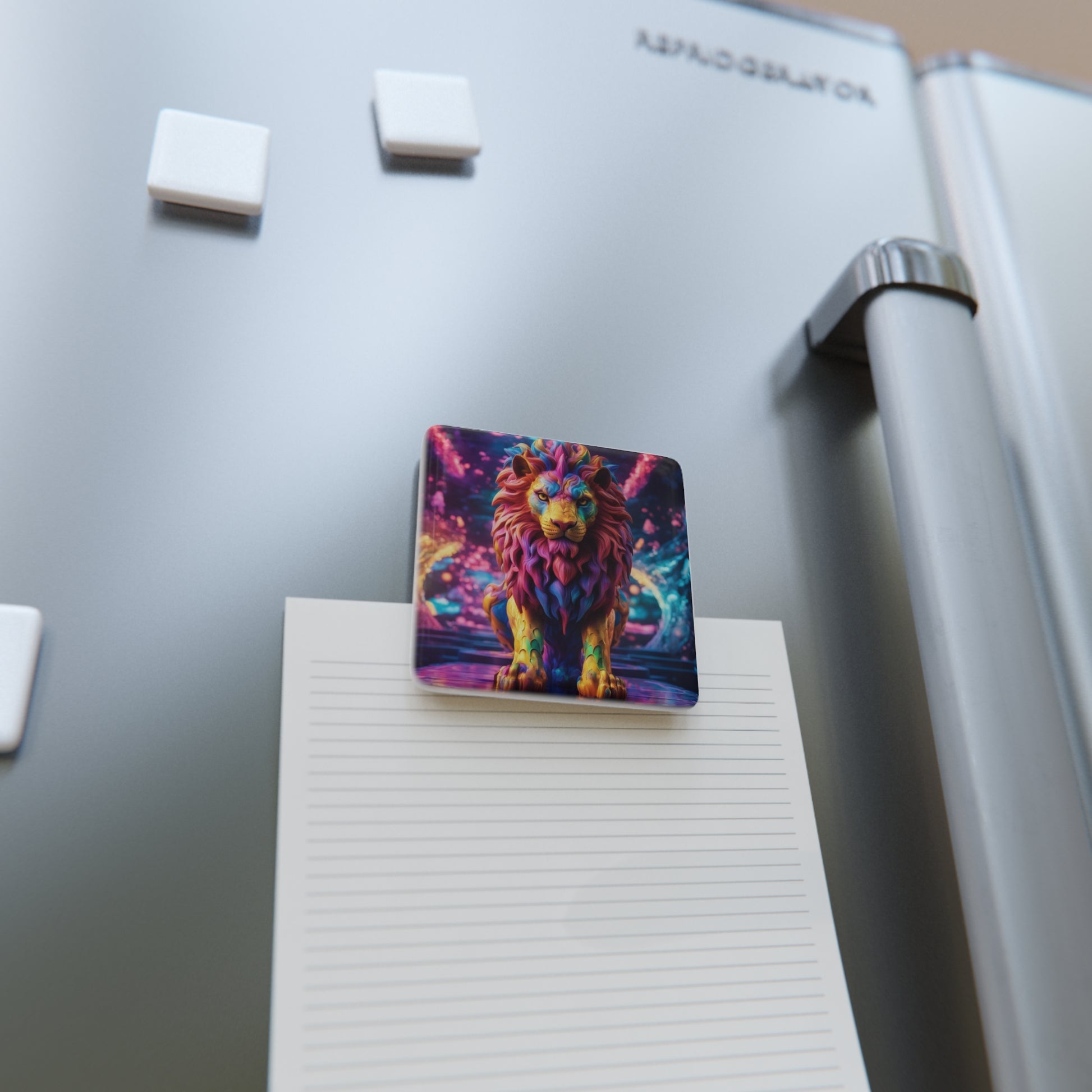 The Vibrant Lion Magnet securing a note on a refrigerator, combining style with function for home organization.