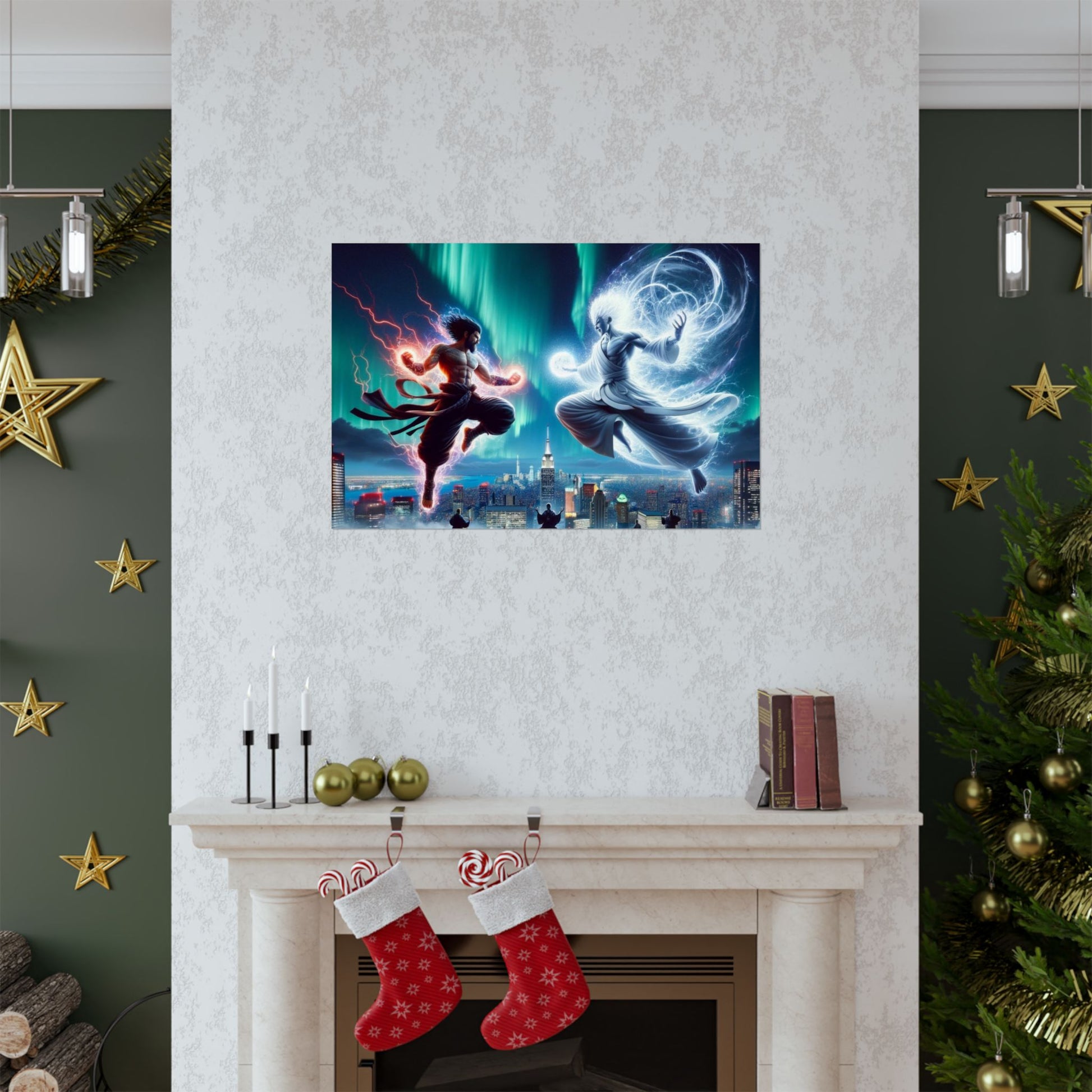 Yin Yang Spiritual Wall Art Poster displayed above a fireplace, creating a focal point of serenity and energy alignment.