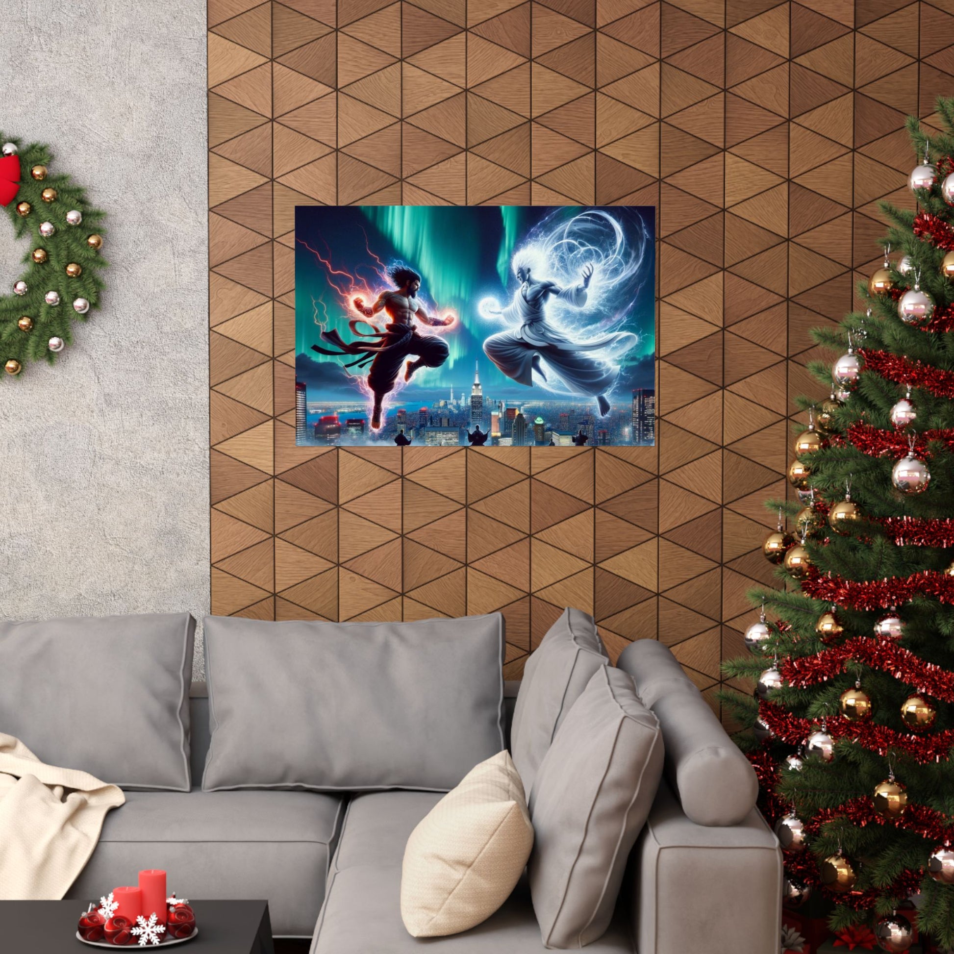 Yin Yang Spiritual Wall Art Poster above a couch, adding a peaceful and harmonious energy to modern living room decor.